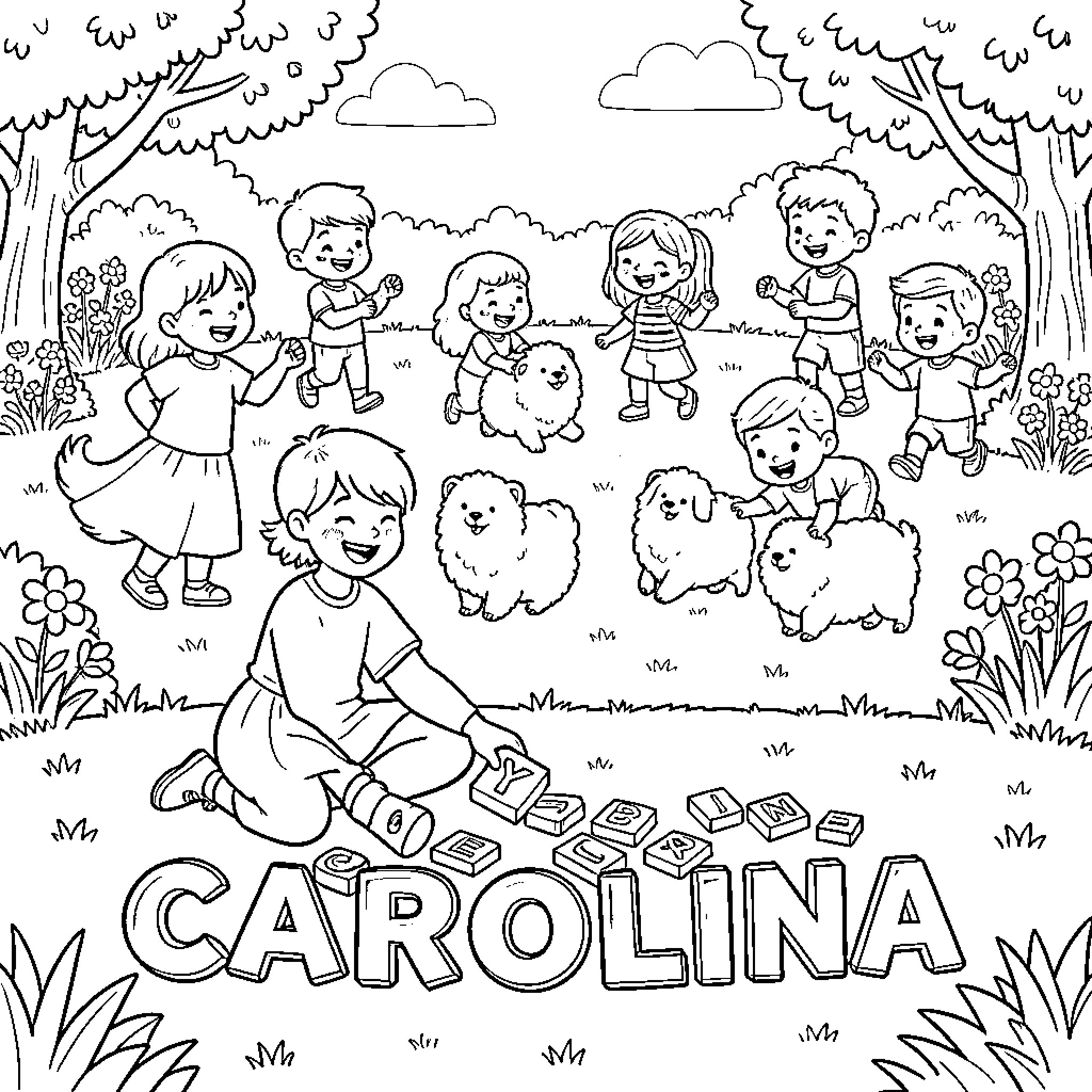 Girl playing joyfully with friends in nature Coloring Page (free black-and-white line drawing printable PDF for all, from beginners to advanced learners, including children, teens, adults, and seniors)