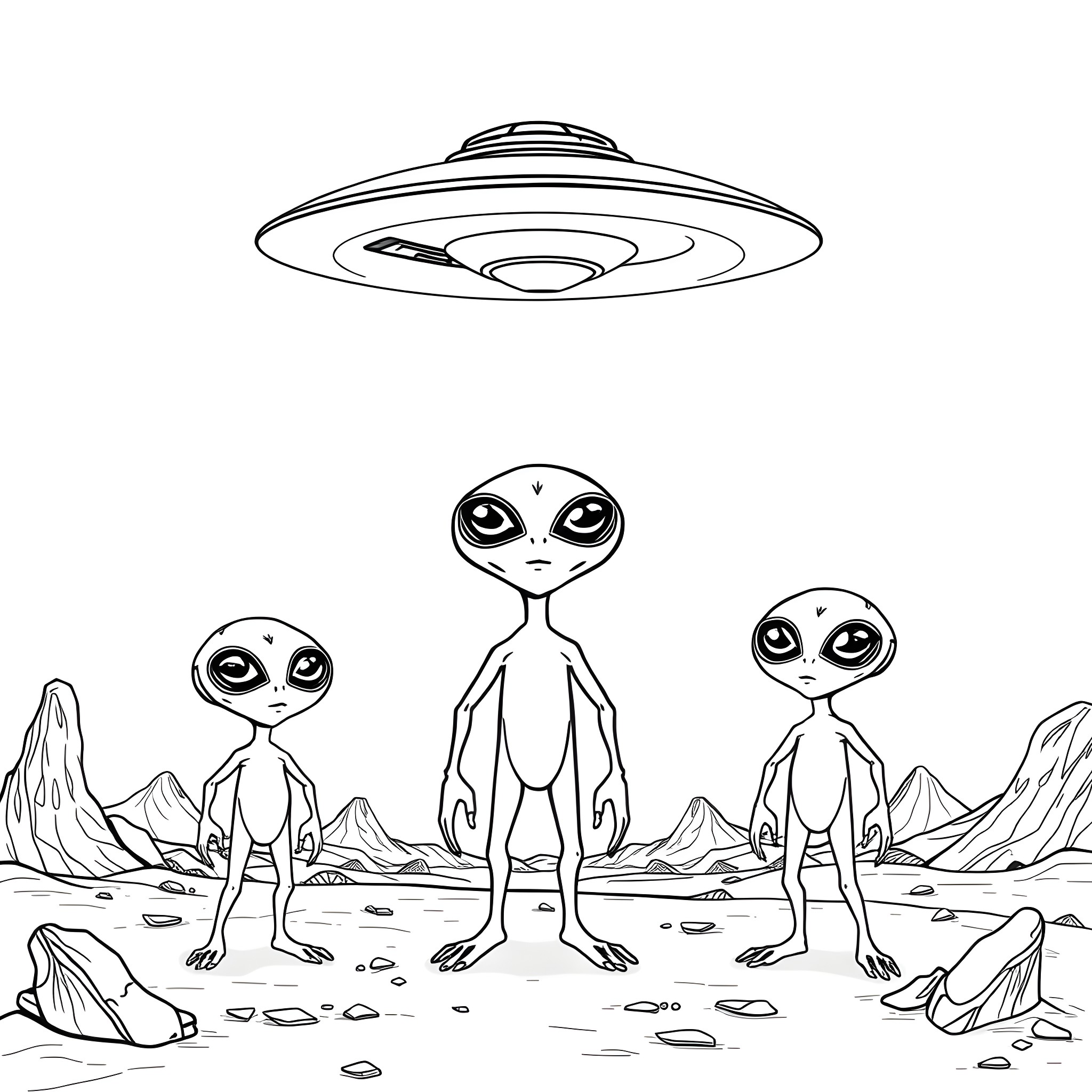 Alien Trio Examining Mysterious UFO in Otherworldly Landscape Coloring Page (free black-and-white line drawing printable PDF for all, from beginners to advanced learners, including children, teens, adults, and seniors)