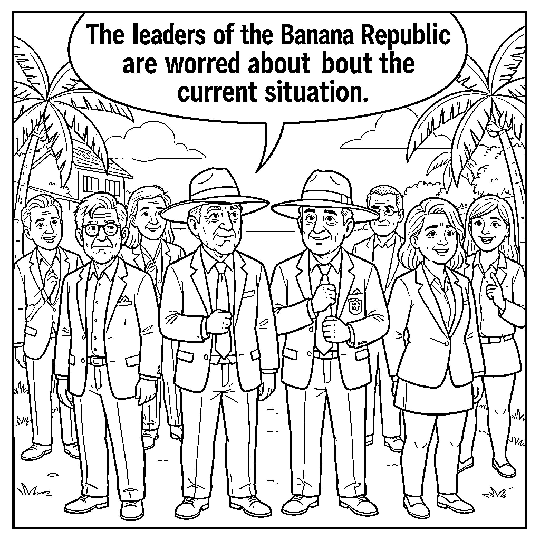Banana Republic leaders looking worried about the situation Coloring Page (free black-and-white line drawing printable PDF for all, from beginners to advanced learners, including children, teens, adults, and seniors)