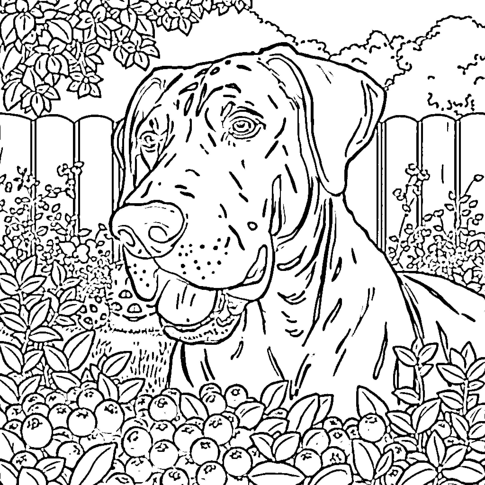 Great Dane enjoying nature in a garden Coloring Page (free black-and-white line drawing printable PDF for all, from beginners to advanced learners, including children, teens, adults, and seniors)