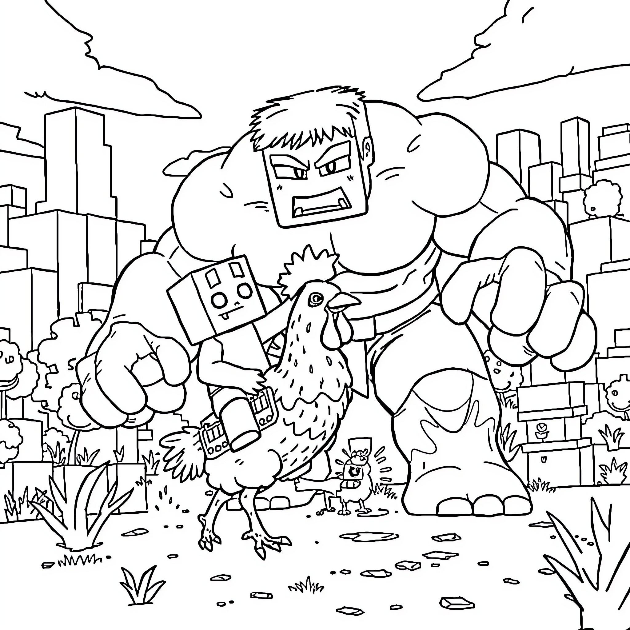 Zombie Creature Terrorizing City with Destructive Power Coloring Page (free black-and-white line drawing printable PDF for all, from beginners to advanced learners, including children, teens, adults, and seniors)