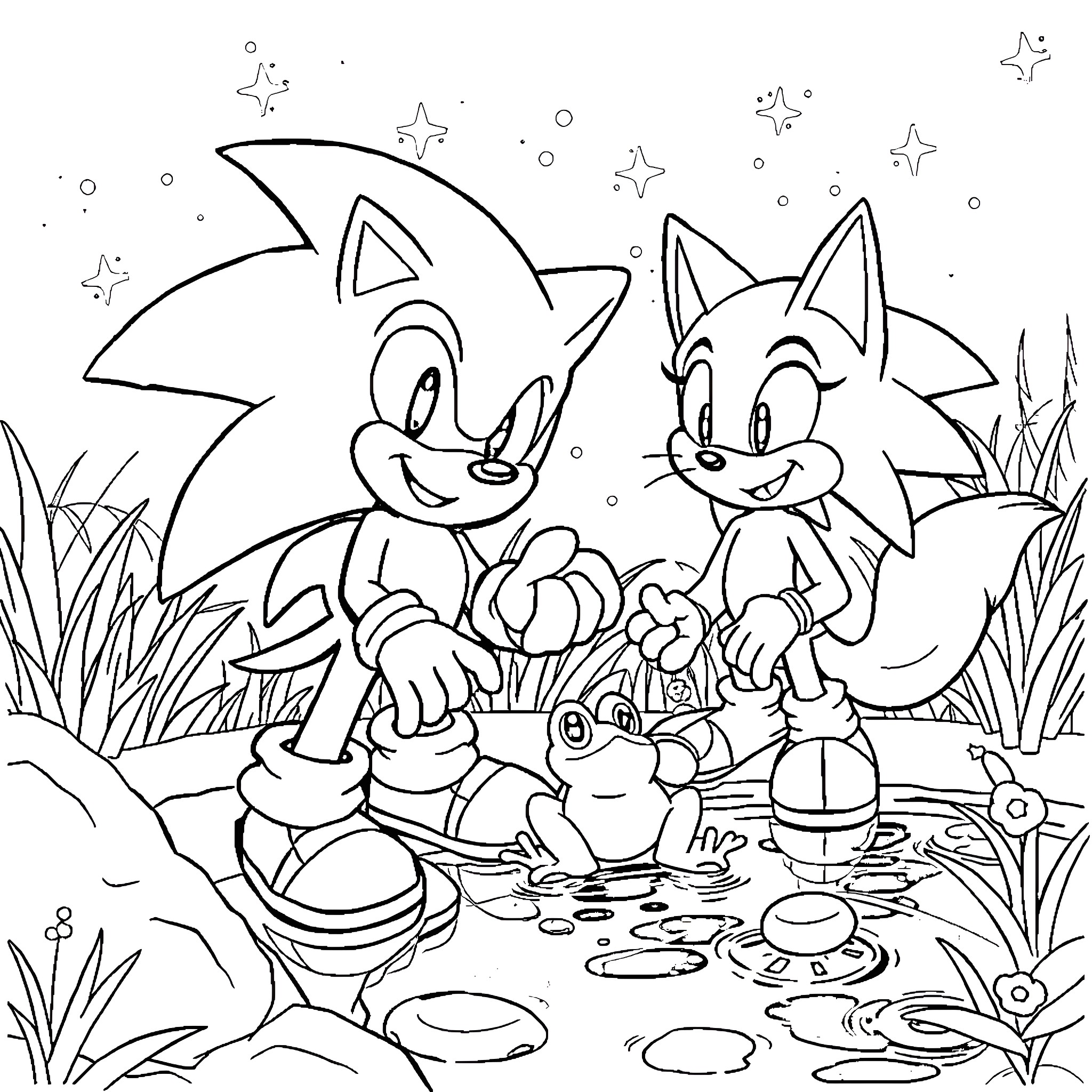 Sonic characters exploring a whimsical outdoor scene Coloring Page (free black-and-white line drawing printable PDF for all, from beginners to advanced learners, including children, teens, adults, and seniors)