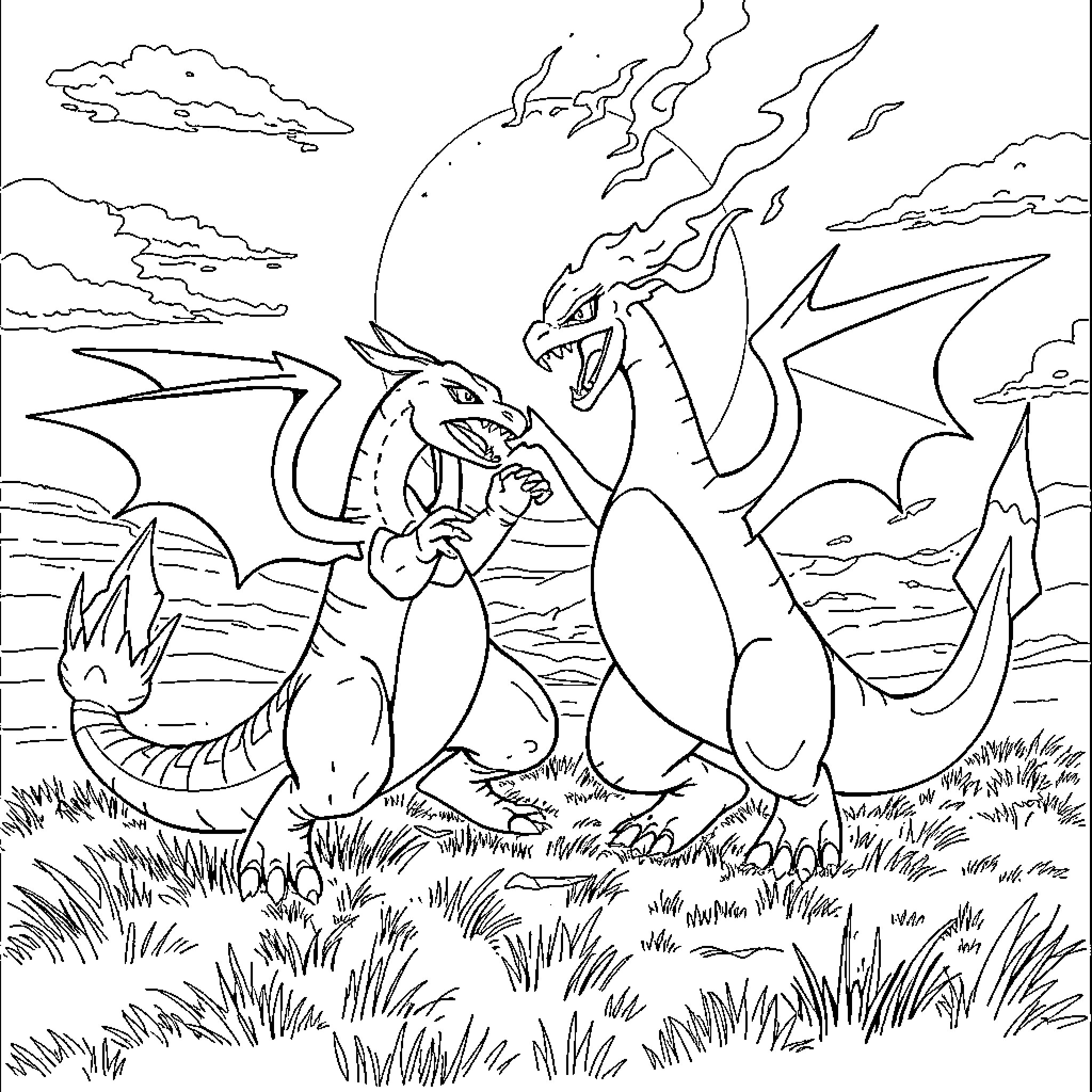 Pokémon Dragon battle in a grassy field Coloring Page (free black-and-white line drawing printable PDF for all, from beginners to advanced learners, including children, teens, adults, and seniors)