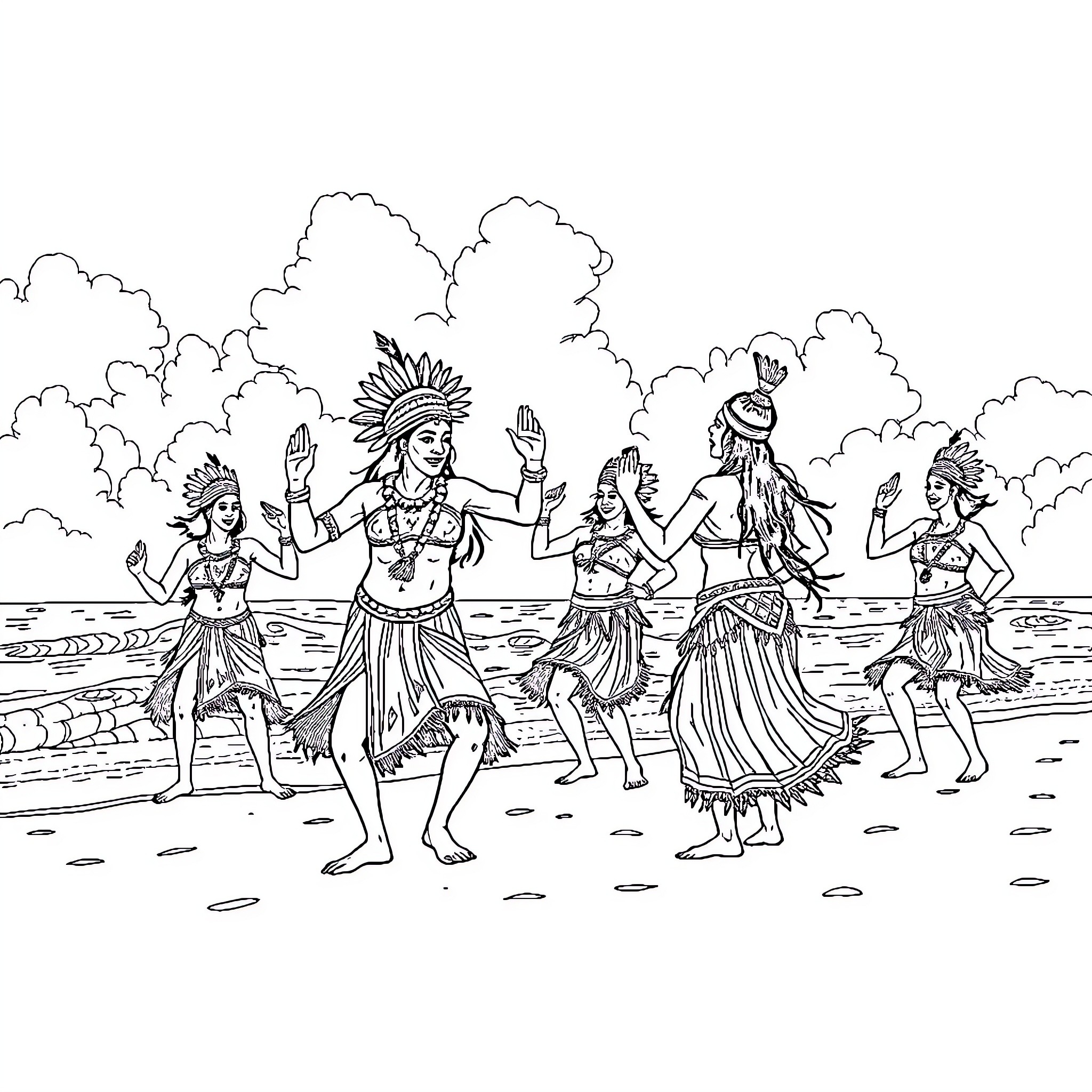 Indian tribal dance performance on the beach Coloring Page (free black-and-white line drawing printable PDF for all, from beginners to advanced learners, including children, teens, adults, and seniors)