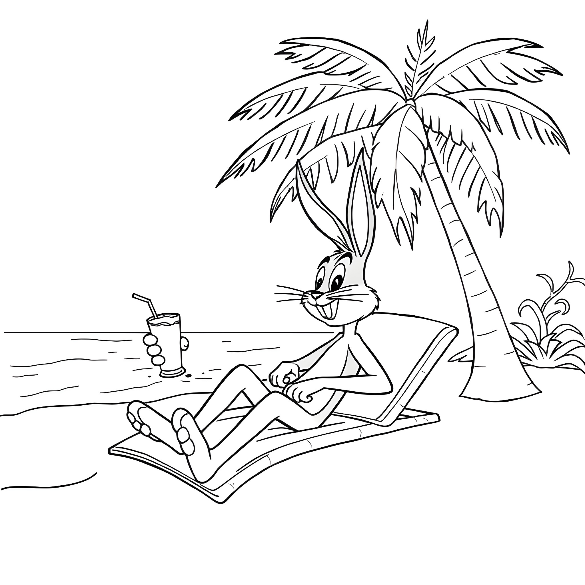 Bugs Bunny relaxing on the beach under a palm tree Coloring Page (free black-and-white line drawing printable PDF for all, from beginners to advanced learners, including children, teens, adults, and seniors)