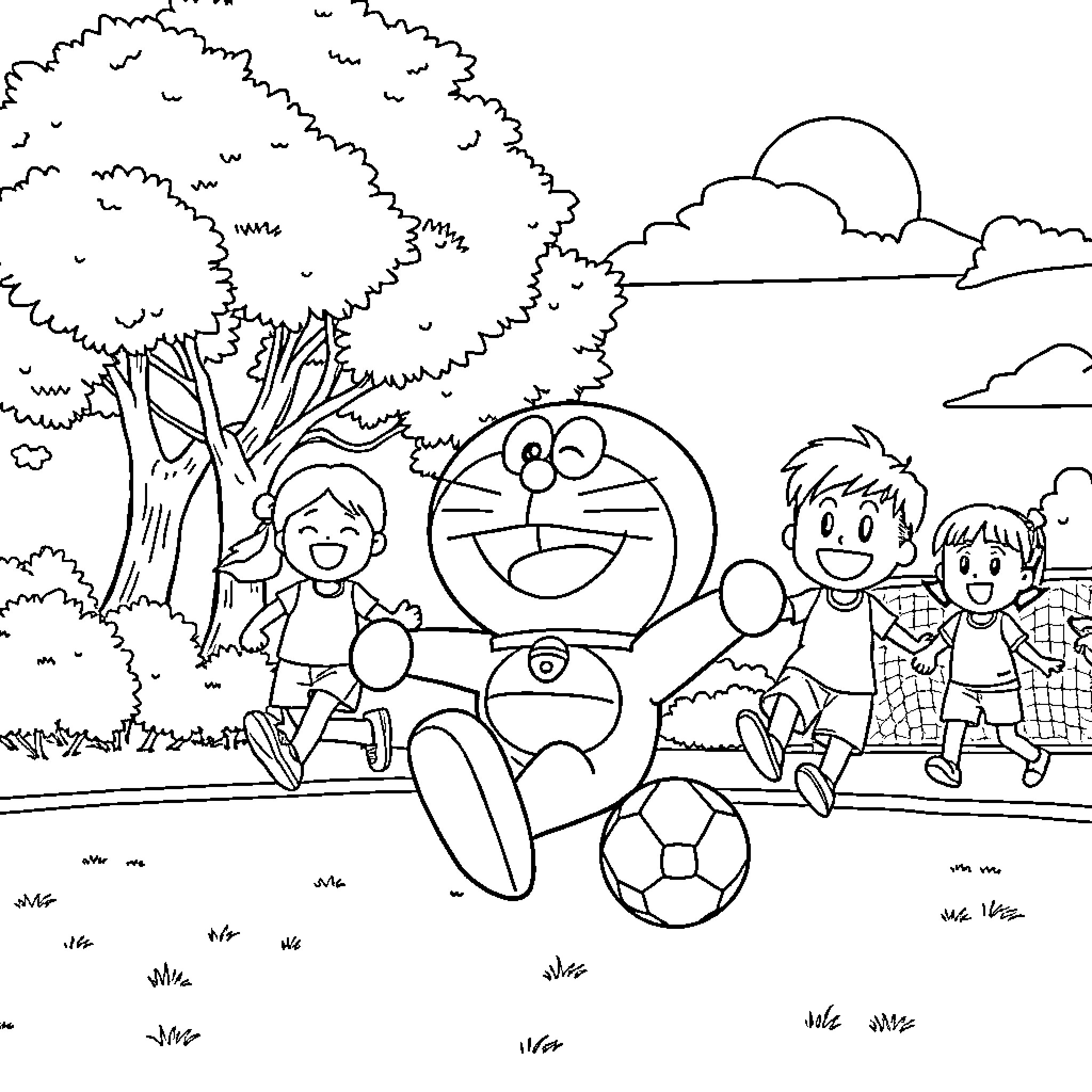 Doraemon and friends playing soccer outdoors Coloring Page (free black-and-white line drawing printable PDF for all, from beginners to advanced learners, including children, teens, adults, and seniors)