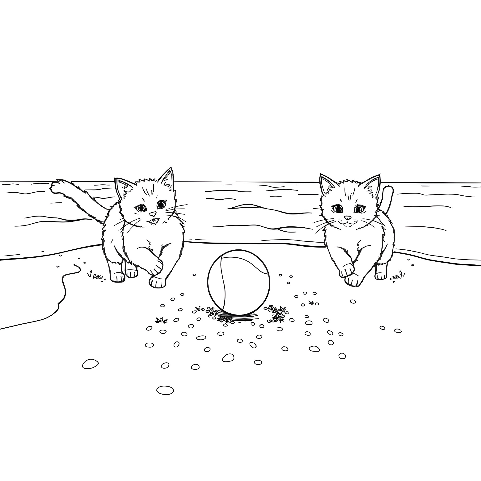 Cats playing with ball on the beach Coloring Page (free black-and-white line drawing printable PDF for all, from beginners to advanced learners, including children, teens, adults, and seniors)