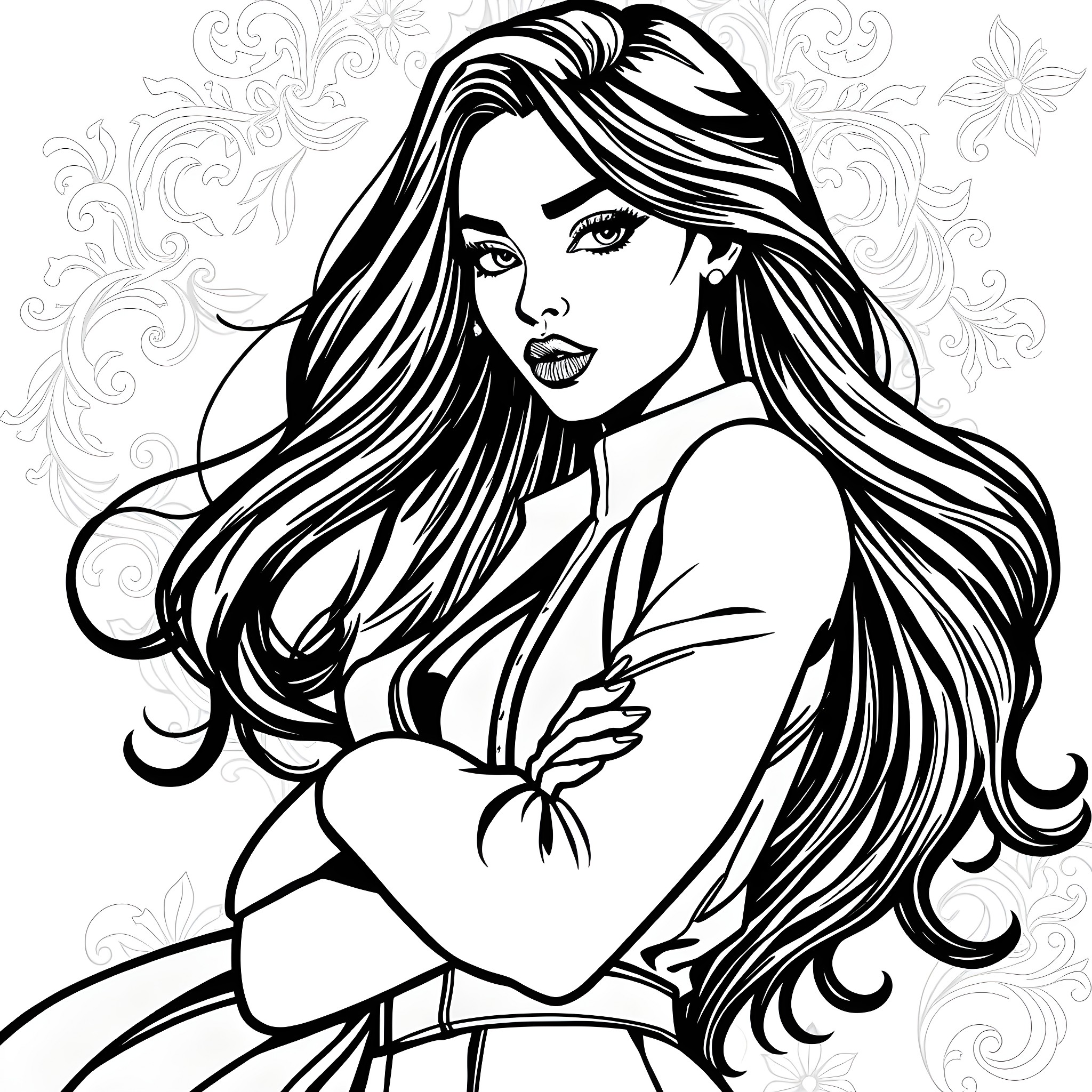 Girl with Flowing Long Hair and Elegant Attire Coloring Page (free black-and-white line drawing printable PDF for all, from beginners to advanced learners, including children, teens, adults, and seniors)
