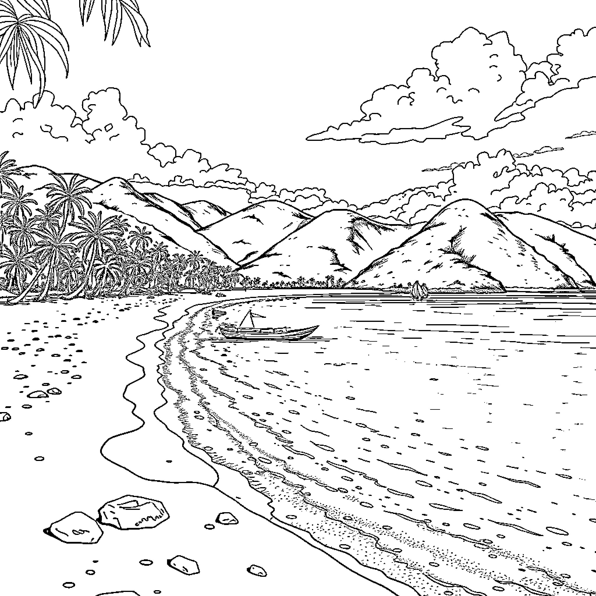 Beach scene with boats, palms, and mountains Coloring Page (free black-and-white line drawing printable PDF for all, from beginners to advanced learners, including children, teens, adults, and seniors)
