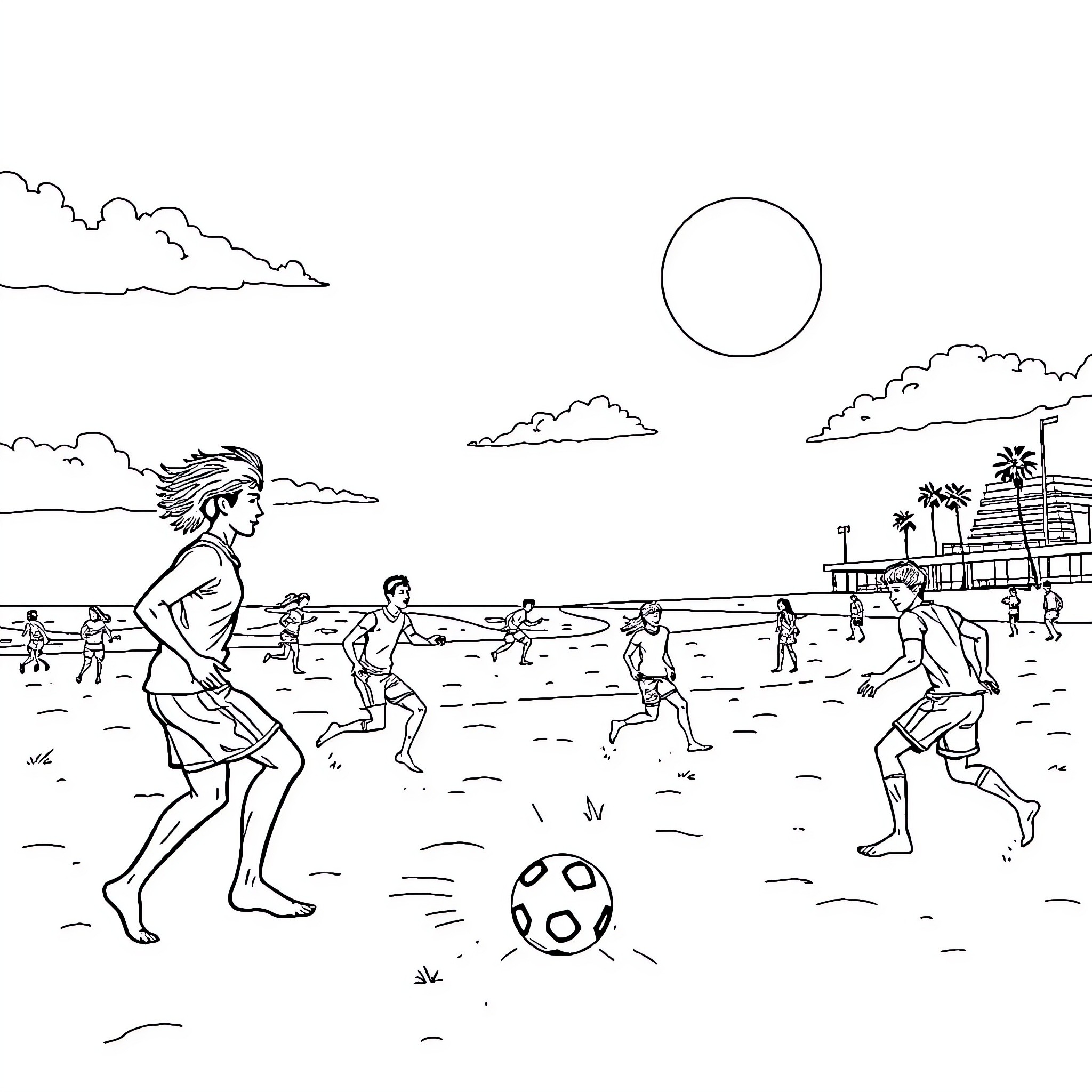 Player enjoying beachside soccer game in the sun Coloring Page (free black-and-white line drawing printable PDF for all, from beginners to advanced learners, including children, teens, adults, and seniors)