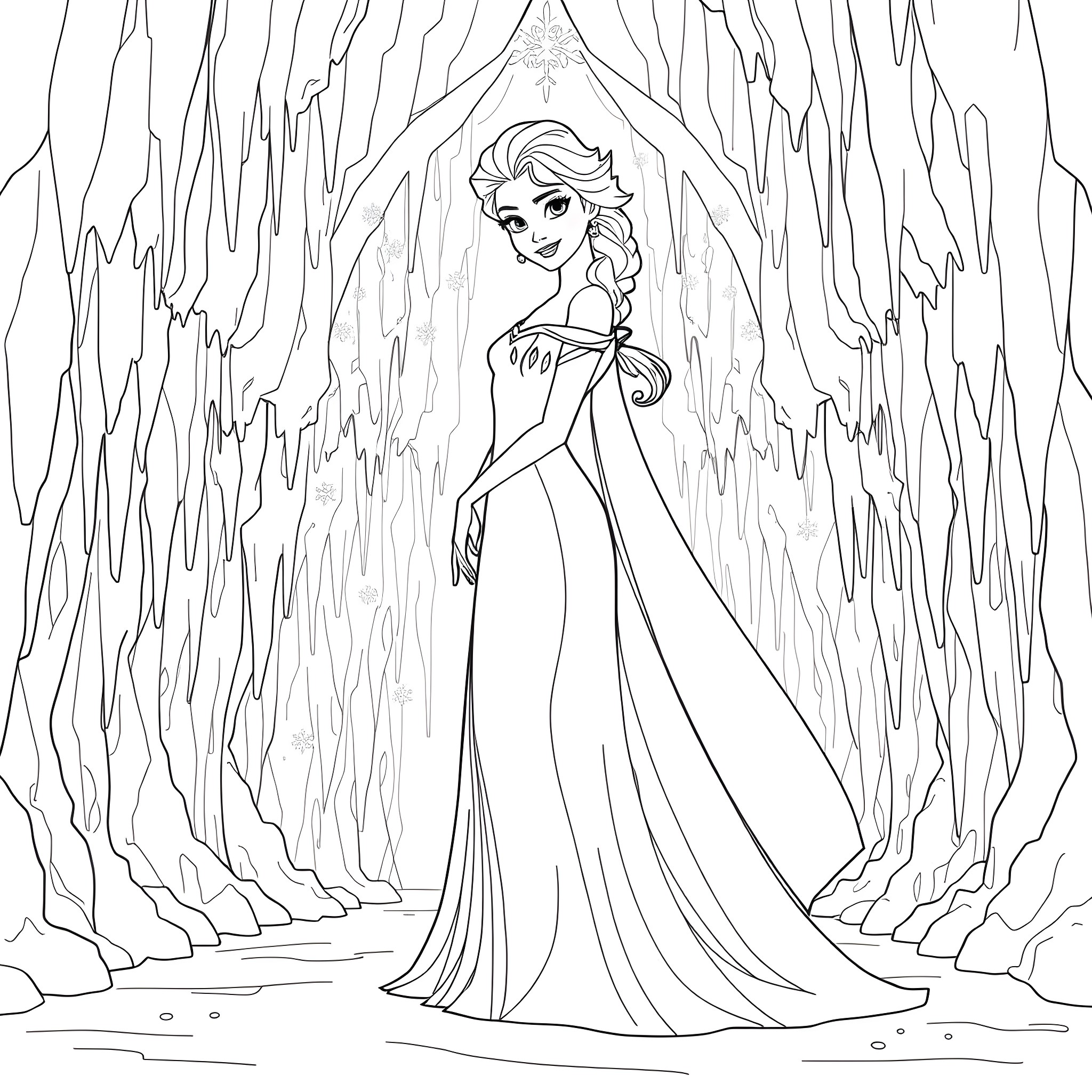 Elsa in a beautiful winter dress posing amidst the icy landscape Coloring Page (free black-and-white line drawing printable PDF for all, from beginners to advanced learners, including children, teens, adults, and seniors)