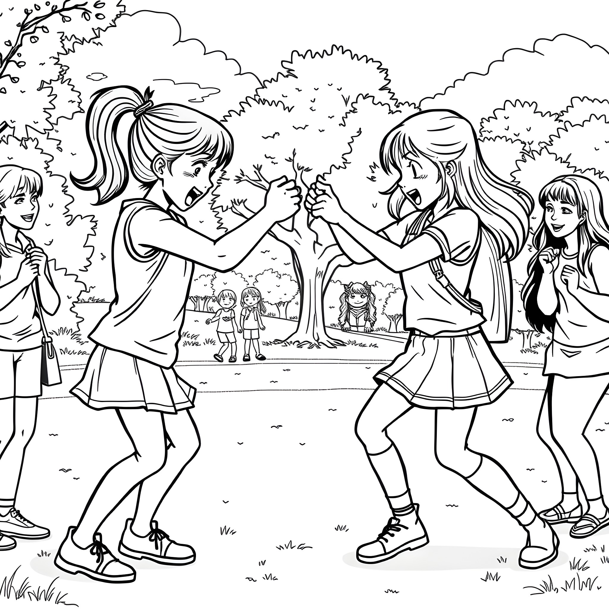 Girls enjoying an outdoor dance party Coloring Page (free black-and-white line drawing printable PDF for all, from beginners to advanced learners, including children, teens, adults, and seniors)