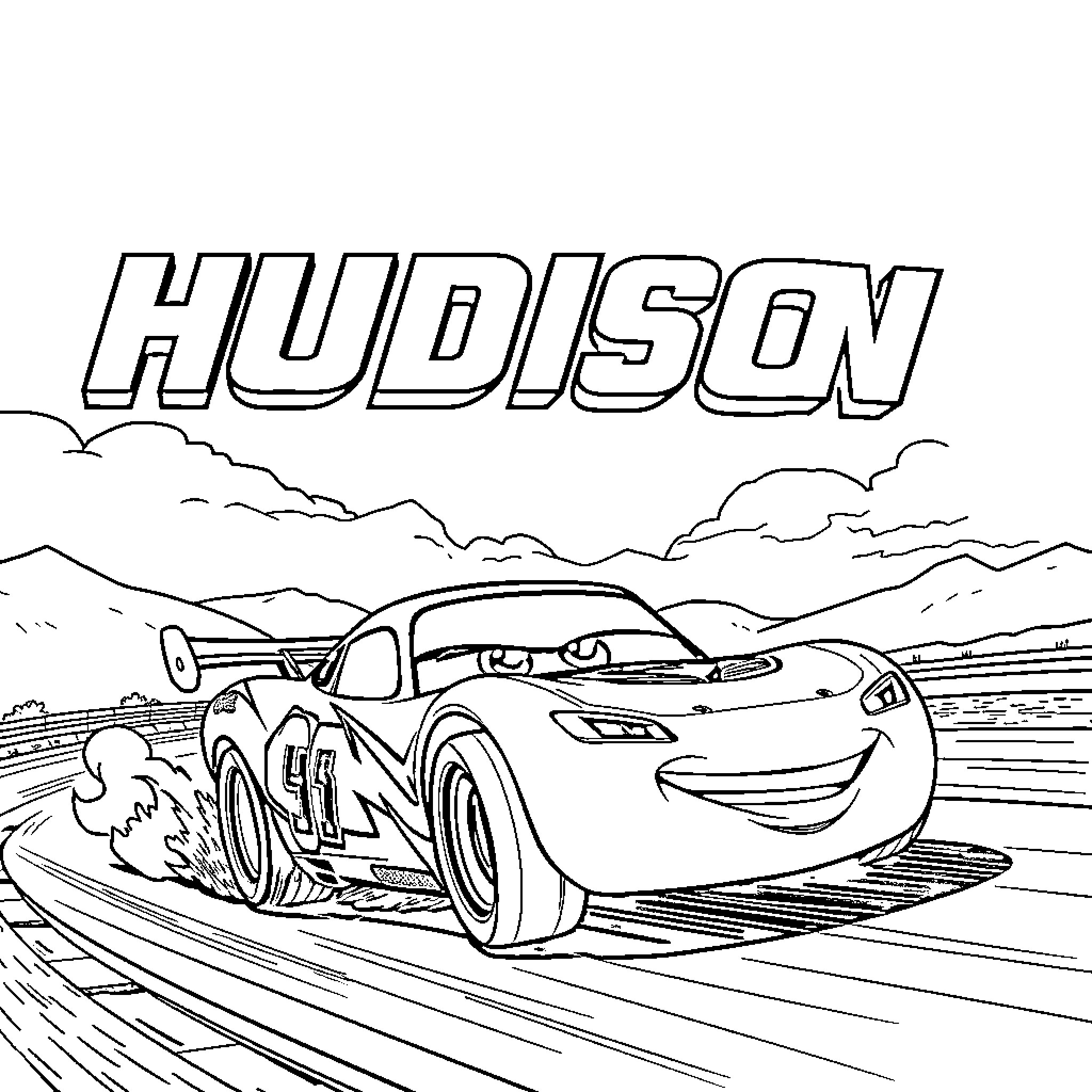 Lightning McQueen speeding through the racetrack Coloring Page (free black-and-white line drawing printable PDF for all, from beginners to advanced learners, including children, teens, adults, and seniors)