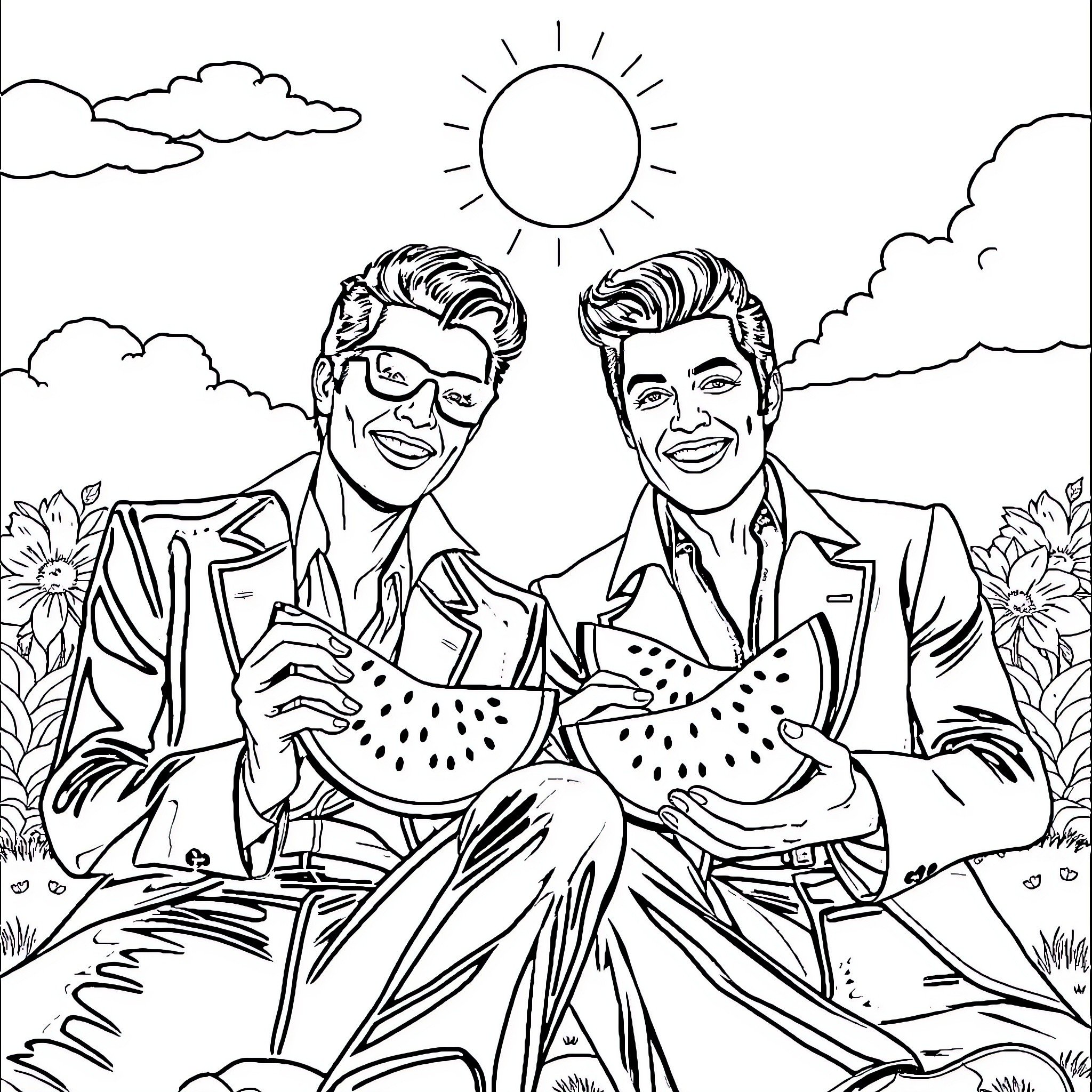 Prince Enjoying Summer Picnic with Companion Coloring Page (free black-and-white line drawing printable PDF for all, from beginners to advanced learners, including children, teens, adults, and seniors)