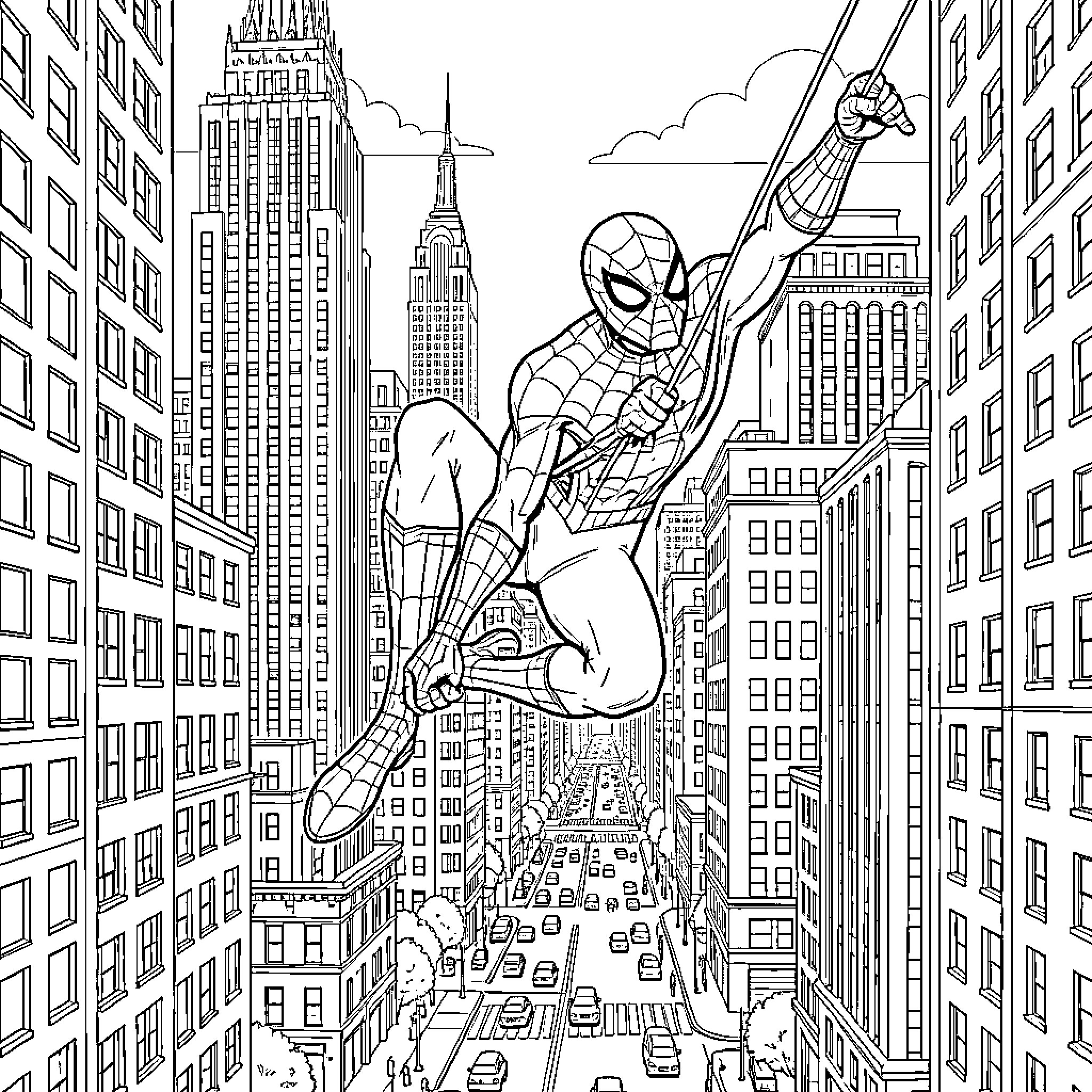 Spiderman swinging through the city skyline Coloring Page (free black-and-white line drawing printable PDF for all, from beginners to advanced learners, including children, teens, adults, and seniors)