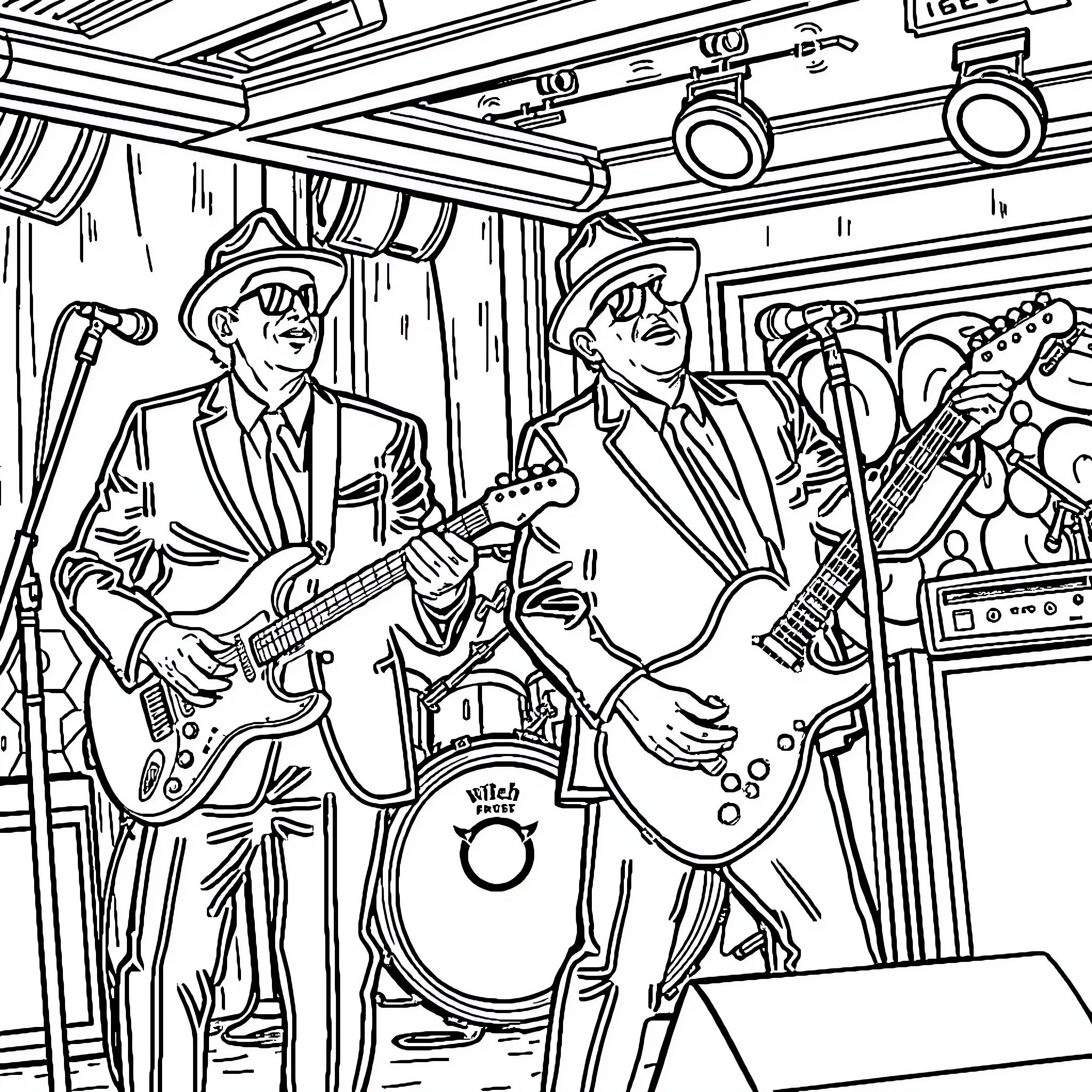 Blues Brothers Performing on Stage with Instruments Coloring Page (free black-and-white line drawing printable PDF for all, from beginners to advanced learners, including children, teens, adults, and seniors)
