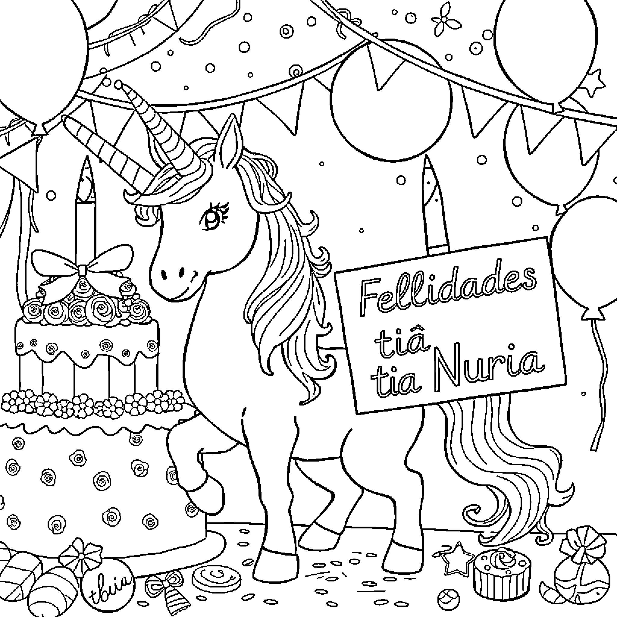Unicornio celebrating a birthday party Coloring Page (free black-and-white line drawing printable PDF for all, from beginners to advanced learners, including children, teens, adults, and seniors)