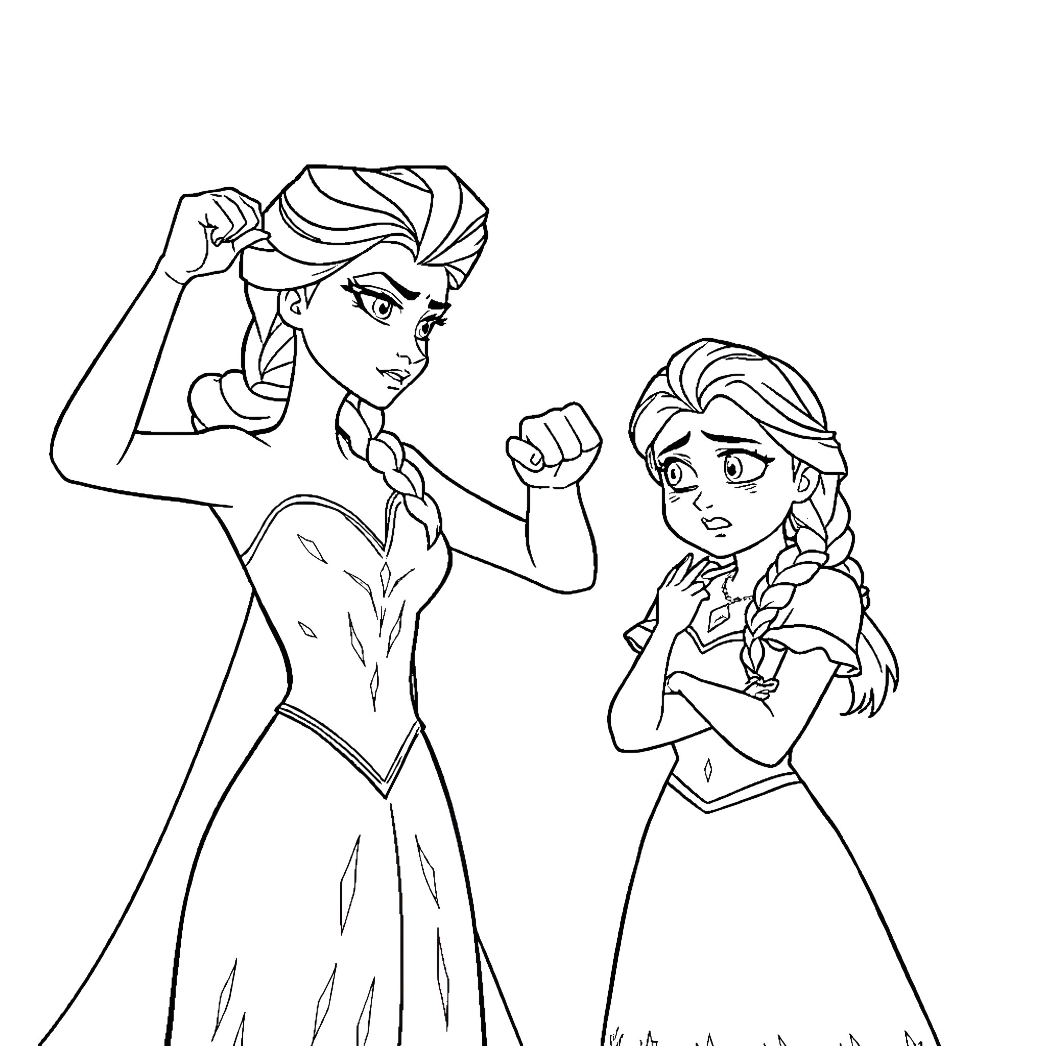 Elsa and Anna's Determined Expressions Coloring Page (free black-and-white line drawing printable PDF for all, from beginners to advanced learners, including children, teens, adults, and seniors)
