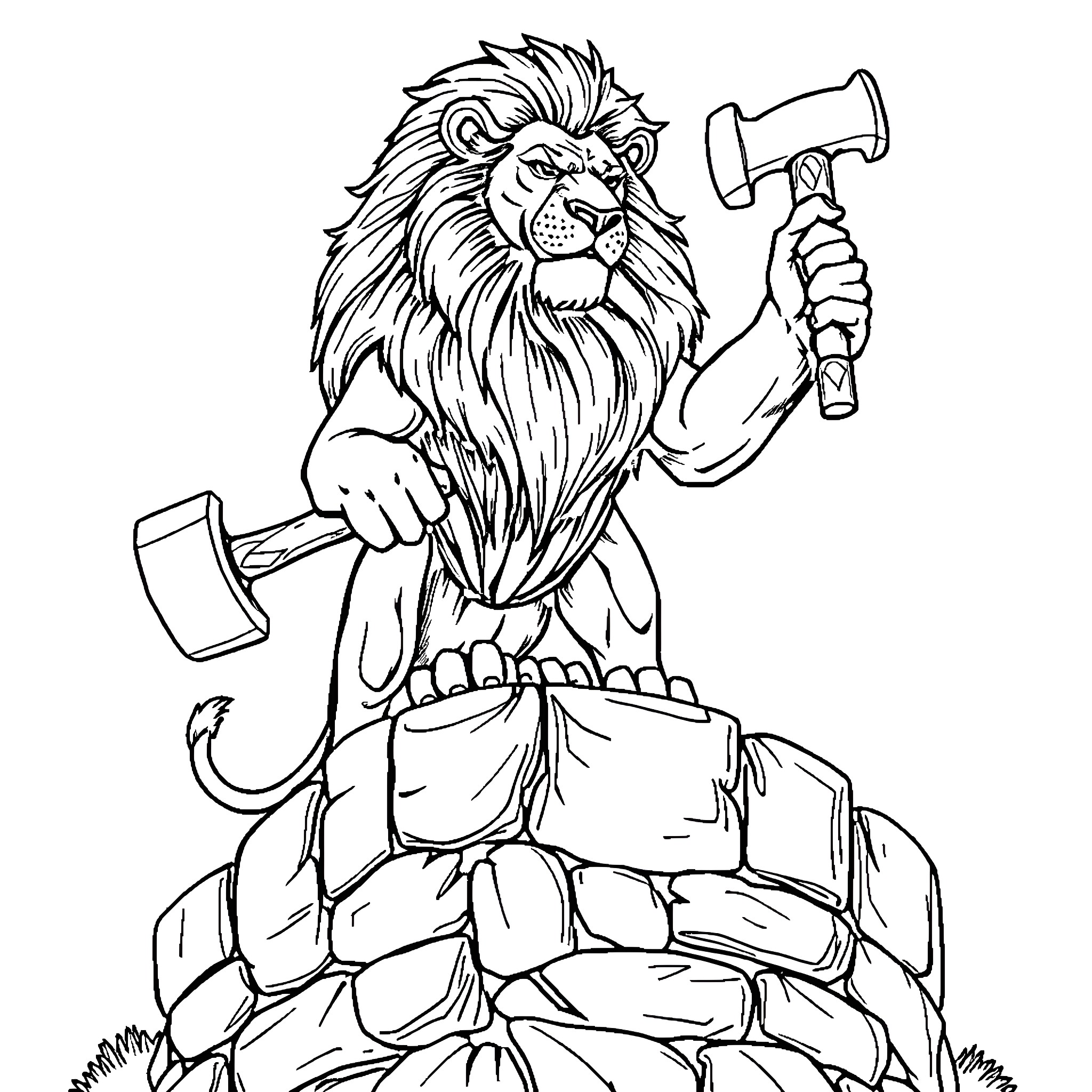 Lion Wielding Hammer on Pile of Stones Coloring Page (free black-and-white line drawing printable PDF for all, from beginners to advanced learners, including children, teens, adults, and seniors)
