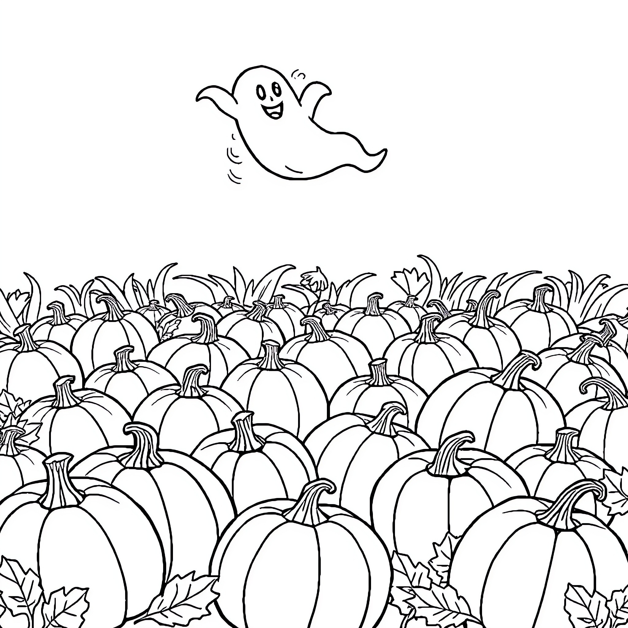 Pumpkin patch with a friendly ghost Coloring Page (free black-and-white line drawing printable PDF for all, from beginners to advanced learners, including children, teens, adults, and seniors)