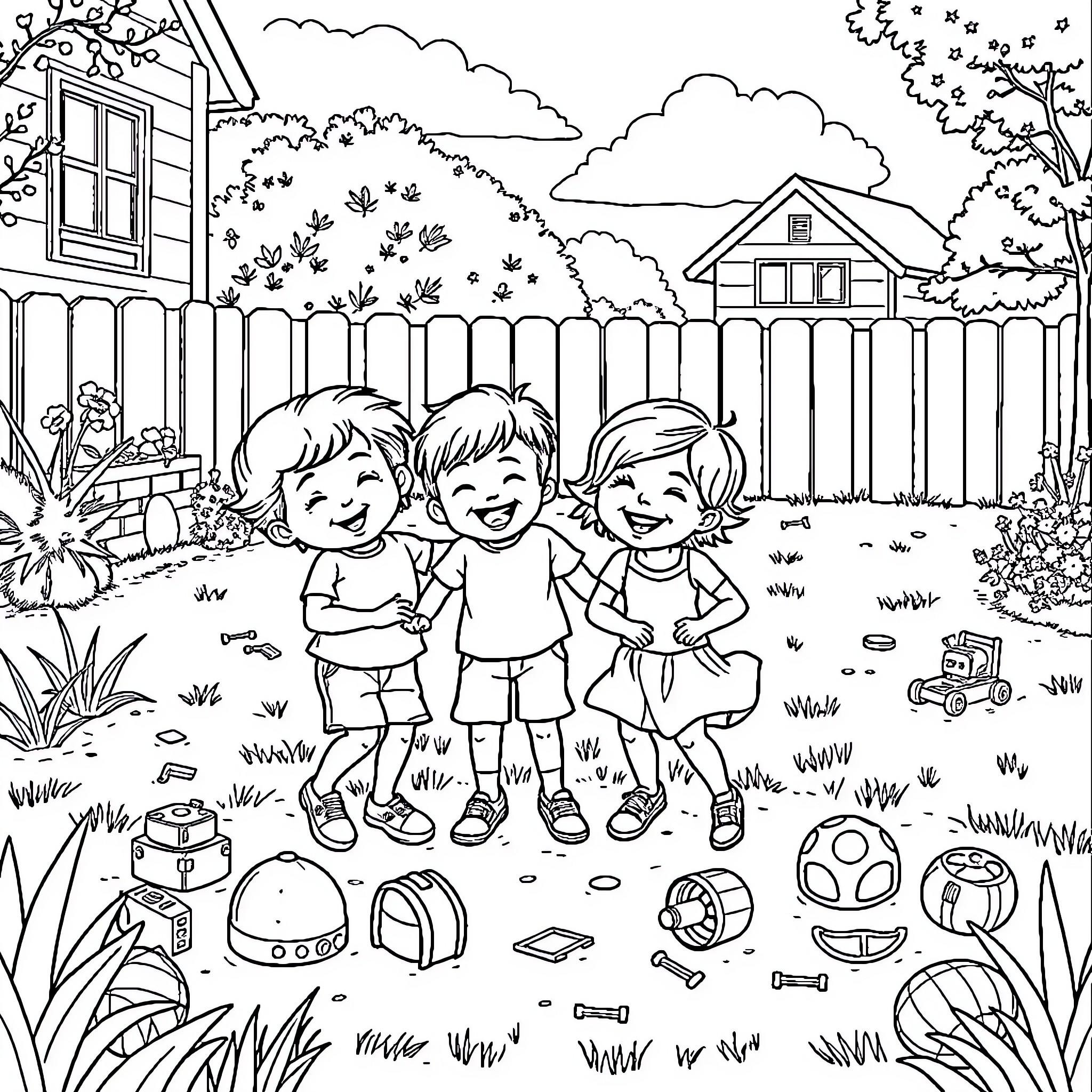 Sibling Playtime in the Backyard Coloring Page (free black-and-white line drawing printable PDF for all, from beginners to advanced learners, including children, teens, adults, and seniors)