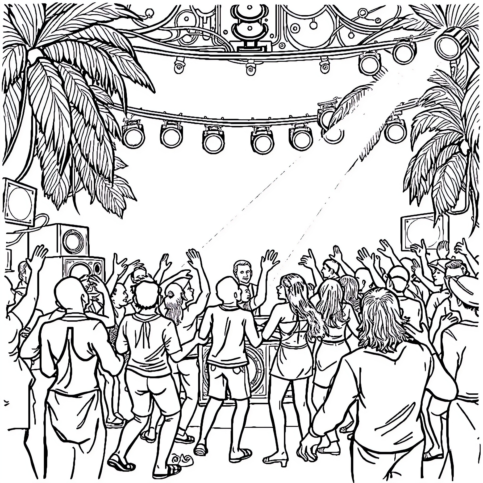 Sound System: People dancing at a lively outdoor party Coloring Page (free black-and-white line drawing printable PDF for all, from beginners to advanced learners, including children, teens, adults, and seniors)