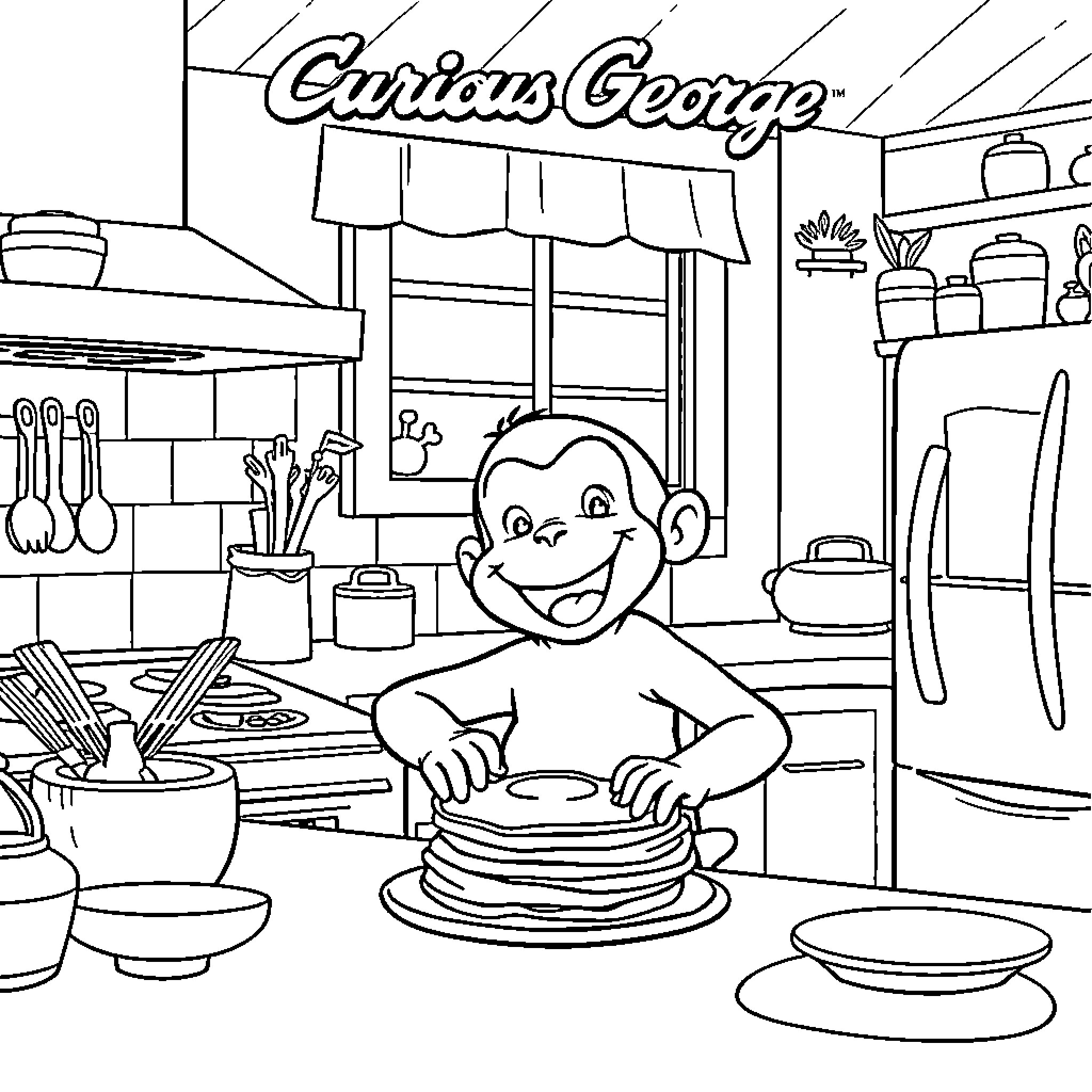 Curious George Enjoying a Meal in the Kitchen Coloring Page (free black-and-white line drawing printable PDF for all, from beginners to advanced learners, including children, teens, adults, and seniors)