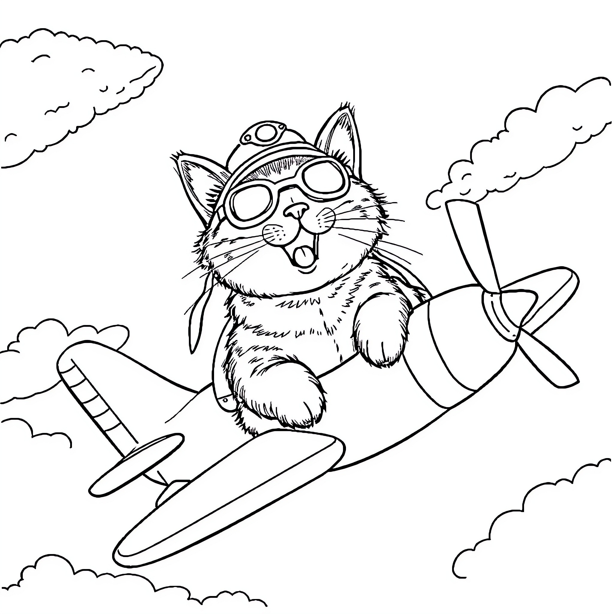 Cat flying an airplane in the sky Coloring Page (free black-and-white line drawing printable PDF for all, from beginners to advanced learners, including children, teens, adults, and seniors)