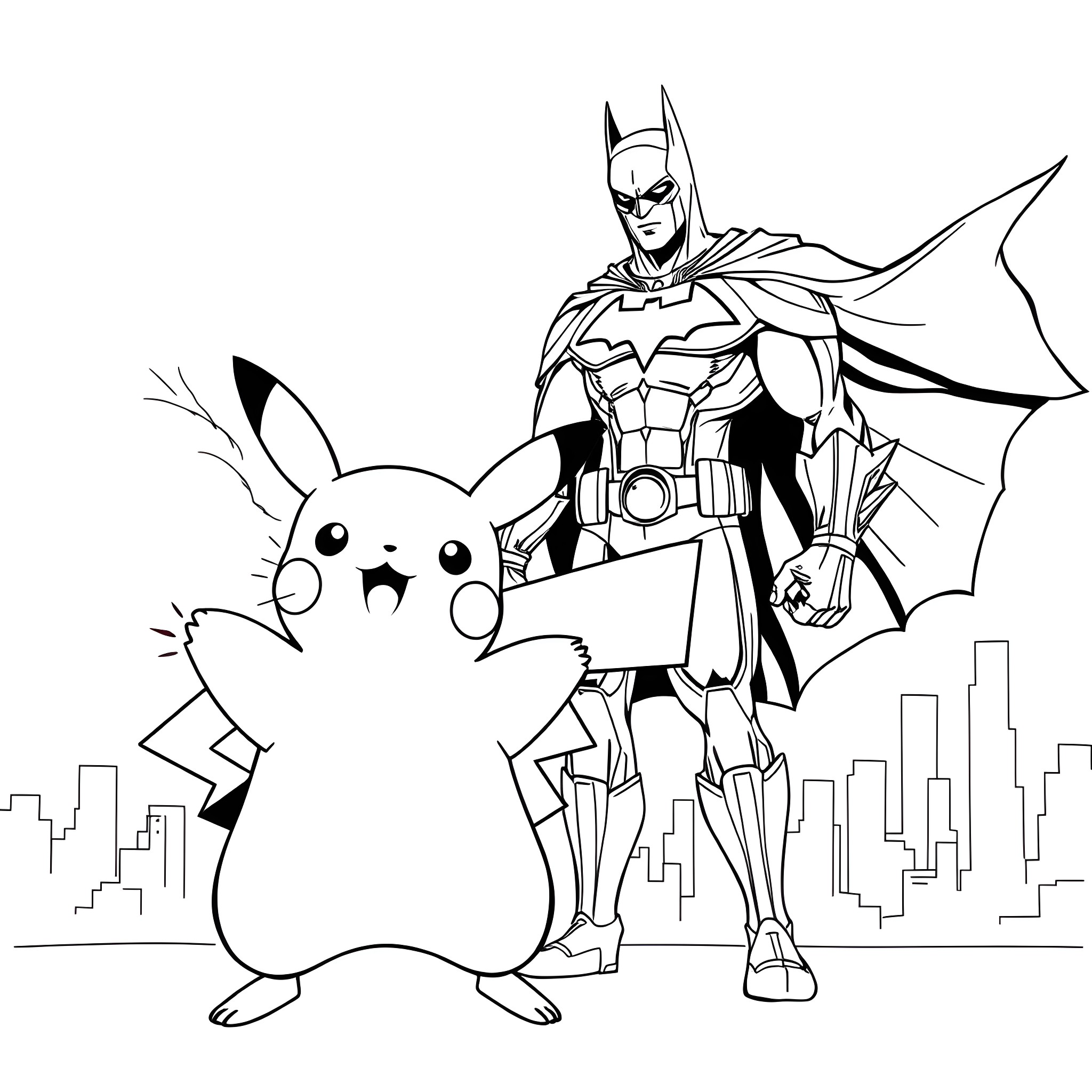Pikachu and Batman in the city Coloring Page (free black-and-white line drawing printable PDF for all, from beginners to advanced learners, including children, teens, adults, and seniors)