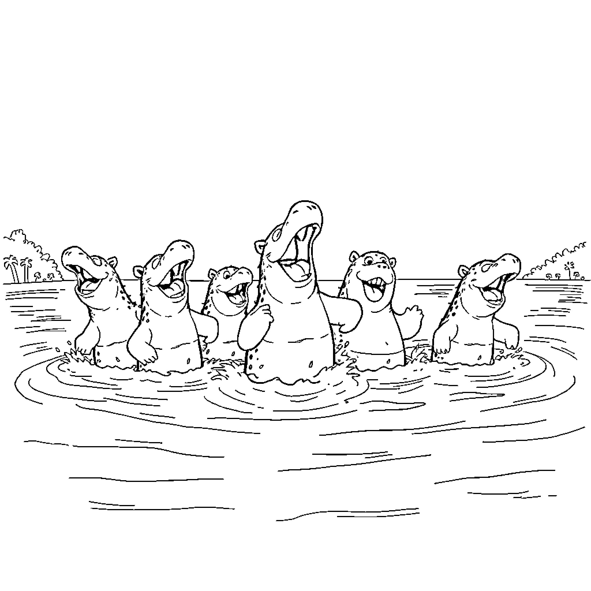 Capybara family enjoying a dip in the water Coloring Page (free black-and-white line drawing printable PDF for all, from beginners to advanced learners, including children, teens, adults, and seniors)
