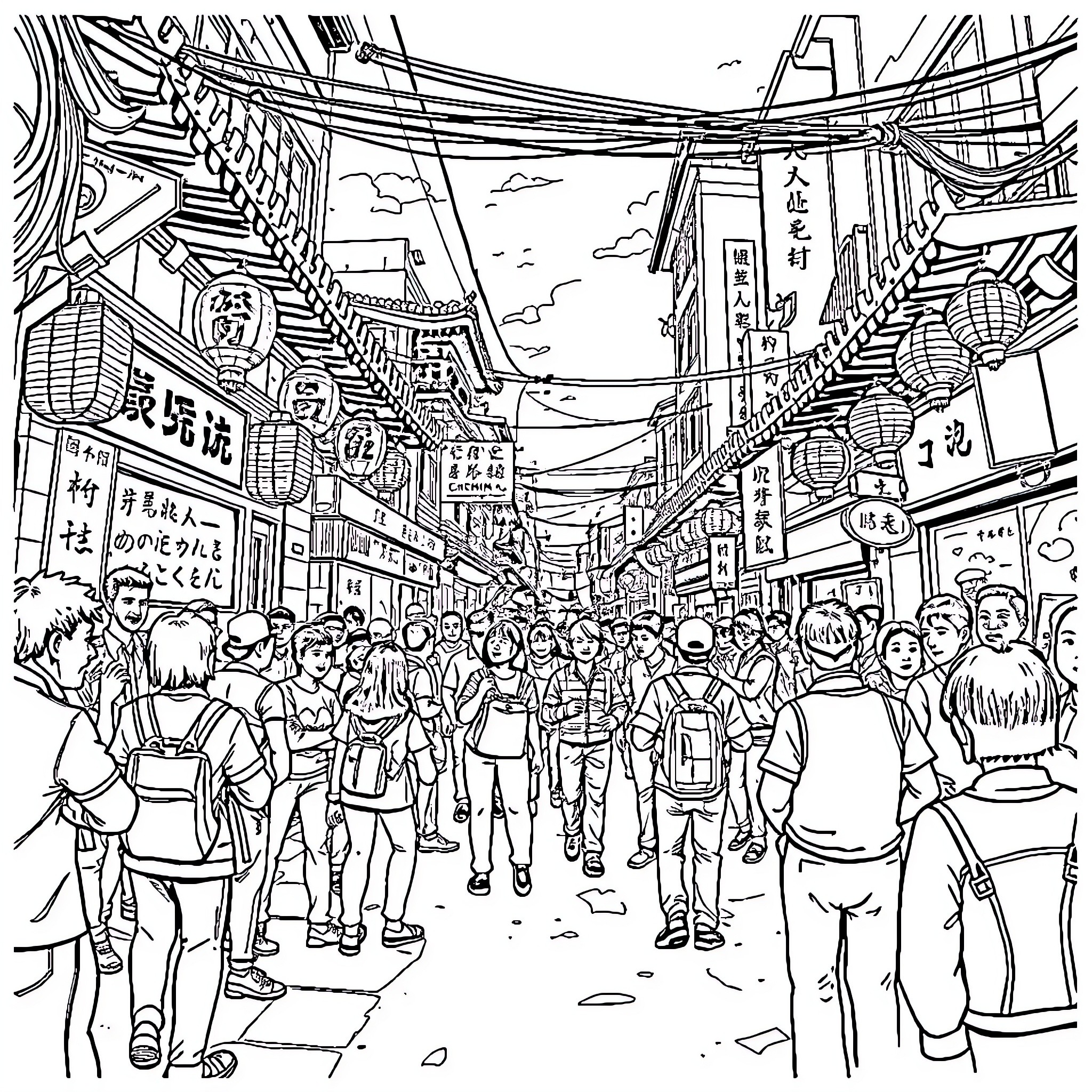 Big Trouble in Little China: Crowded Street Scene with Bustling Activity Coloring Page (free black-and-white line drawing printable PDF for all, from beginners to advanced learners, including children, teens, adults, and seniors)