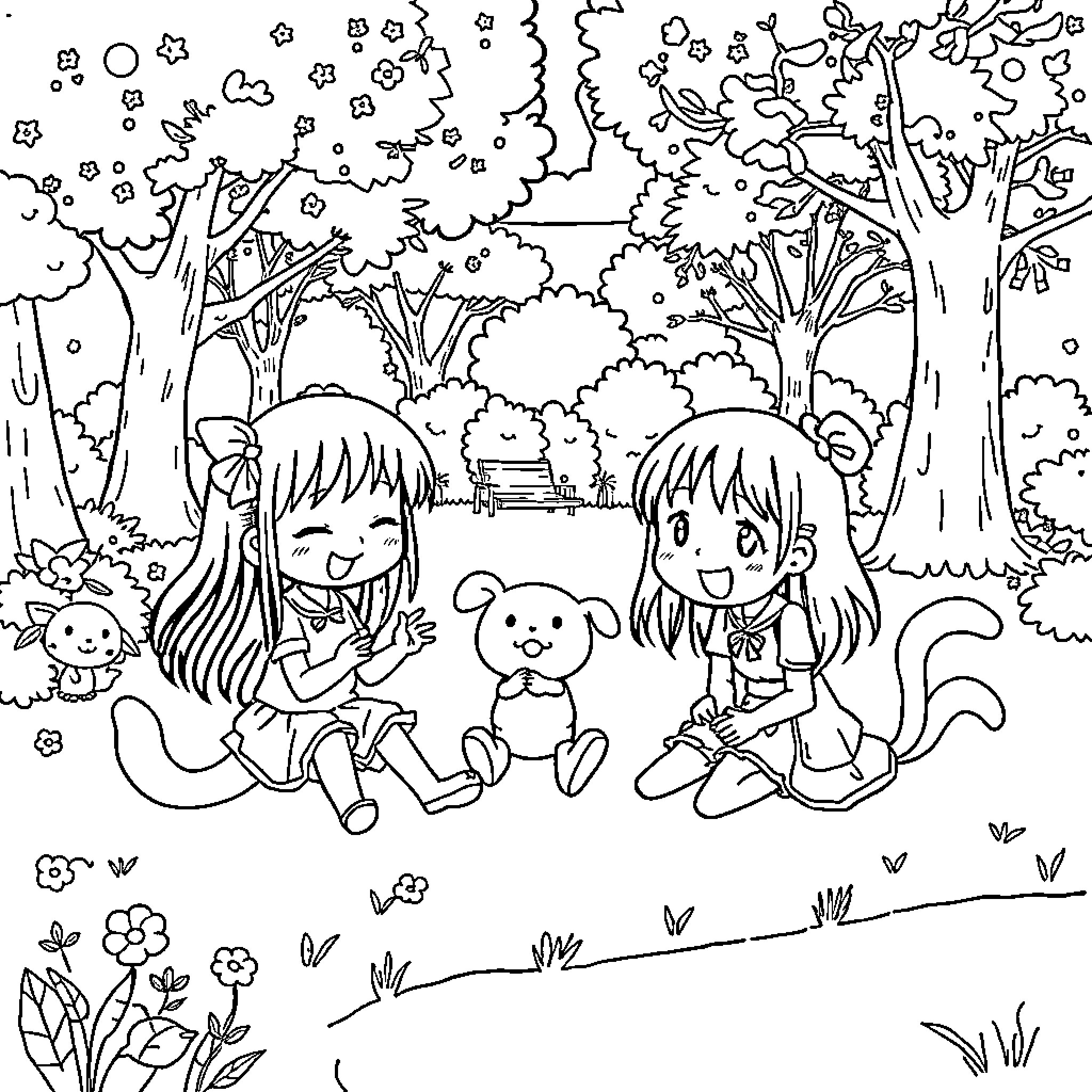 Katuri Friends Enjoying Nature's Wonders Coloring Page (free black-and-white line drawing printable PDF for all, from beginners to advanced learners, including children, teens, adults, and seniors)