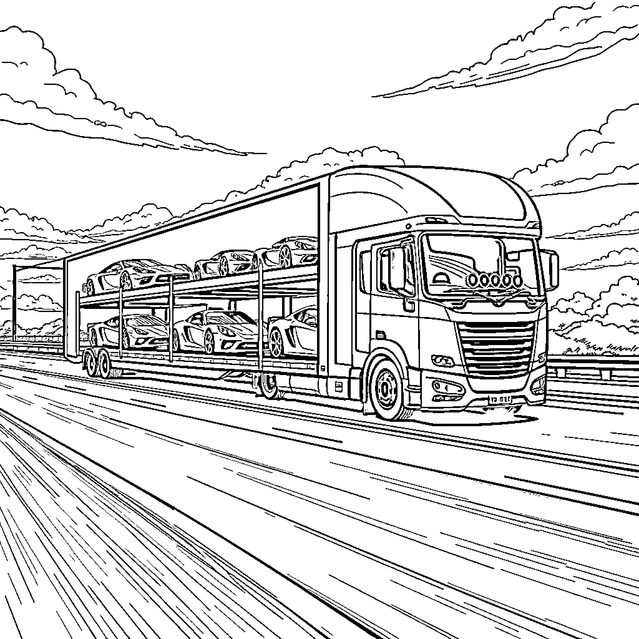 Car Transporter Truck Hauling Vehicles on Highway Coloring Page (free black-and-white line drawing printable PDF for all, from beginners to advanced learners, including children, teens, adults, and seniors)