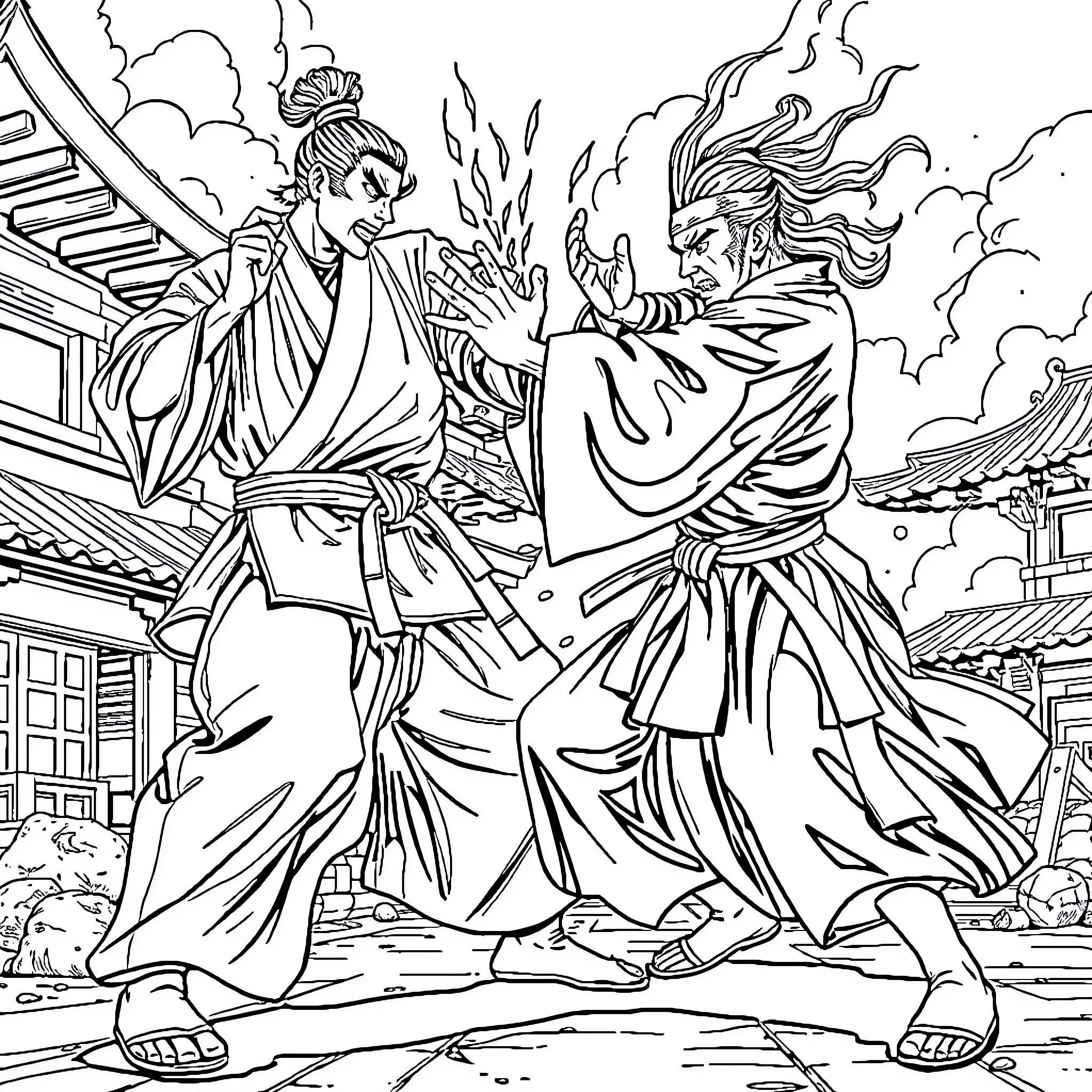 Tanjiro confronts a fierce opponent in a dramatic battle Coloring Page (free black-and-white line drawing printable PDF for all, from beginners to advanced learners, including children, teens, adults, and seniors)