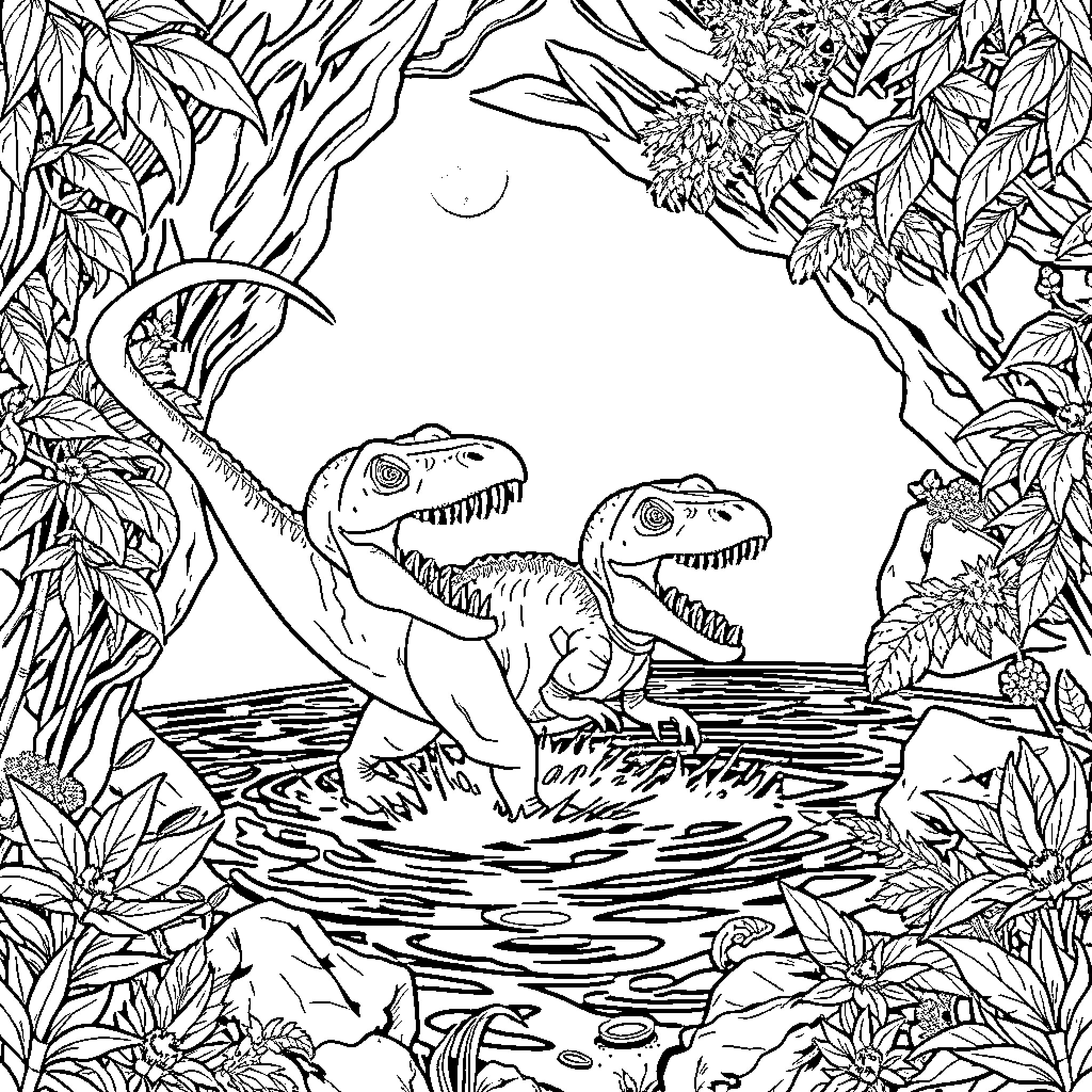 Caveman Dinosaurs in Prehistoric Jungle Landscape Coloring Page (free black-and-white line drawing printable PDF for all, from beginners to advanced learners, including children, teens, adults, and seniors)