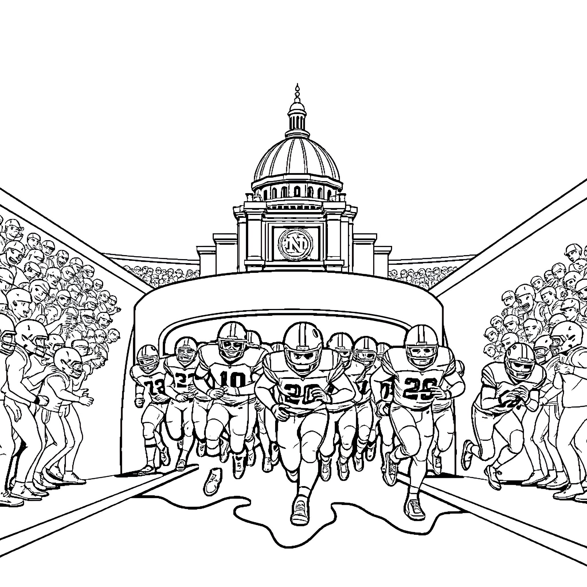 Football Players Running on the Field Towards the Stadium Coloring Page (free black-and-white line drawing printable PDF for all, from beginners to advanced learners, including children, teens, adults, and seniors)