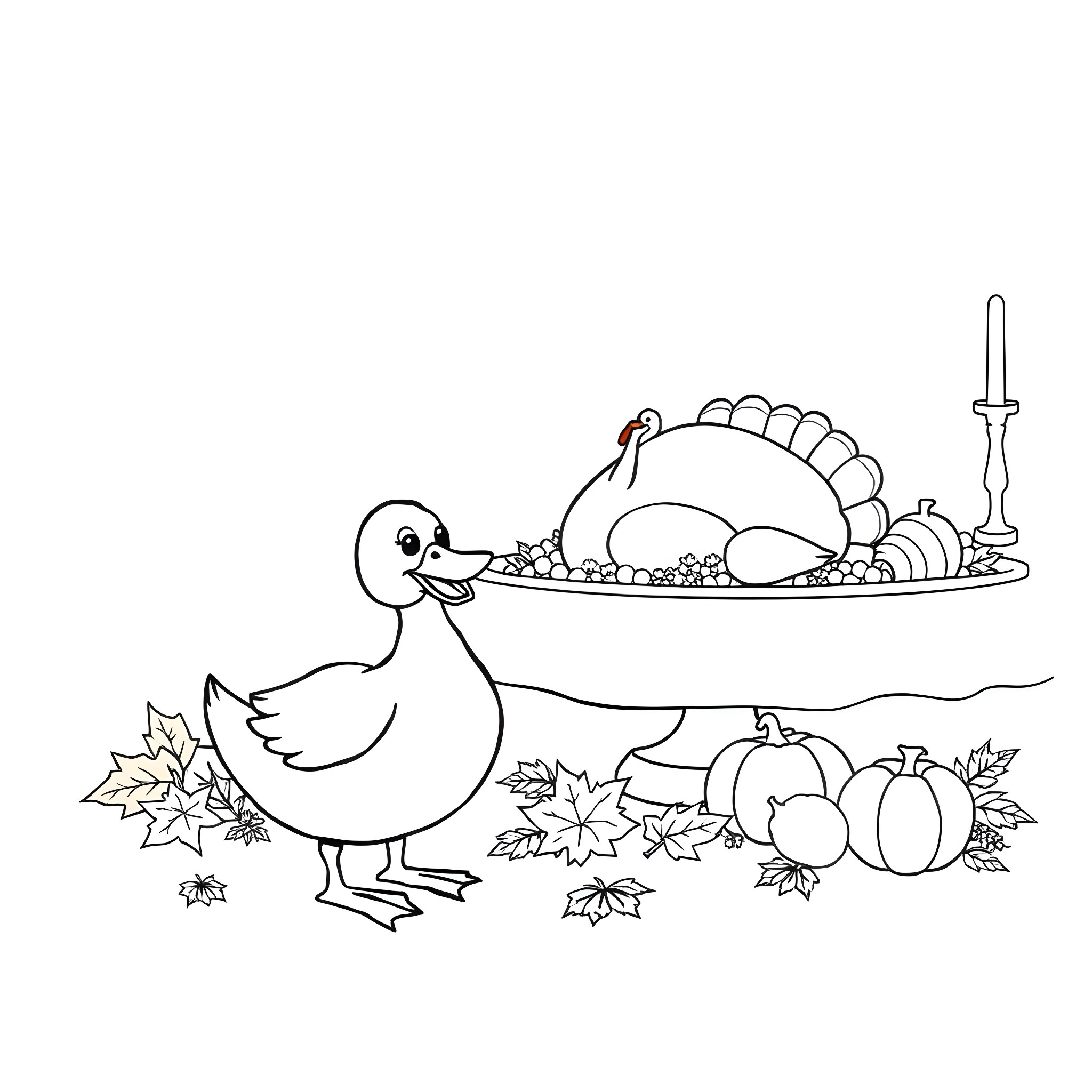 Duck enjoying Thanksgiving feast with autumn decorations Coloring Page (free black-and-white line drawing printable PDF for all, from beginners to advanced learners, including children, teens, adults, and seniors)
