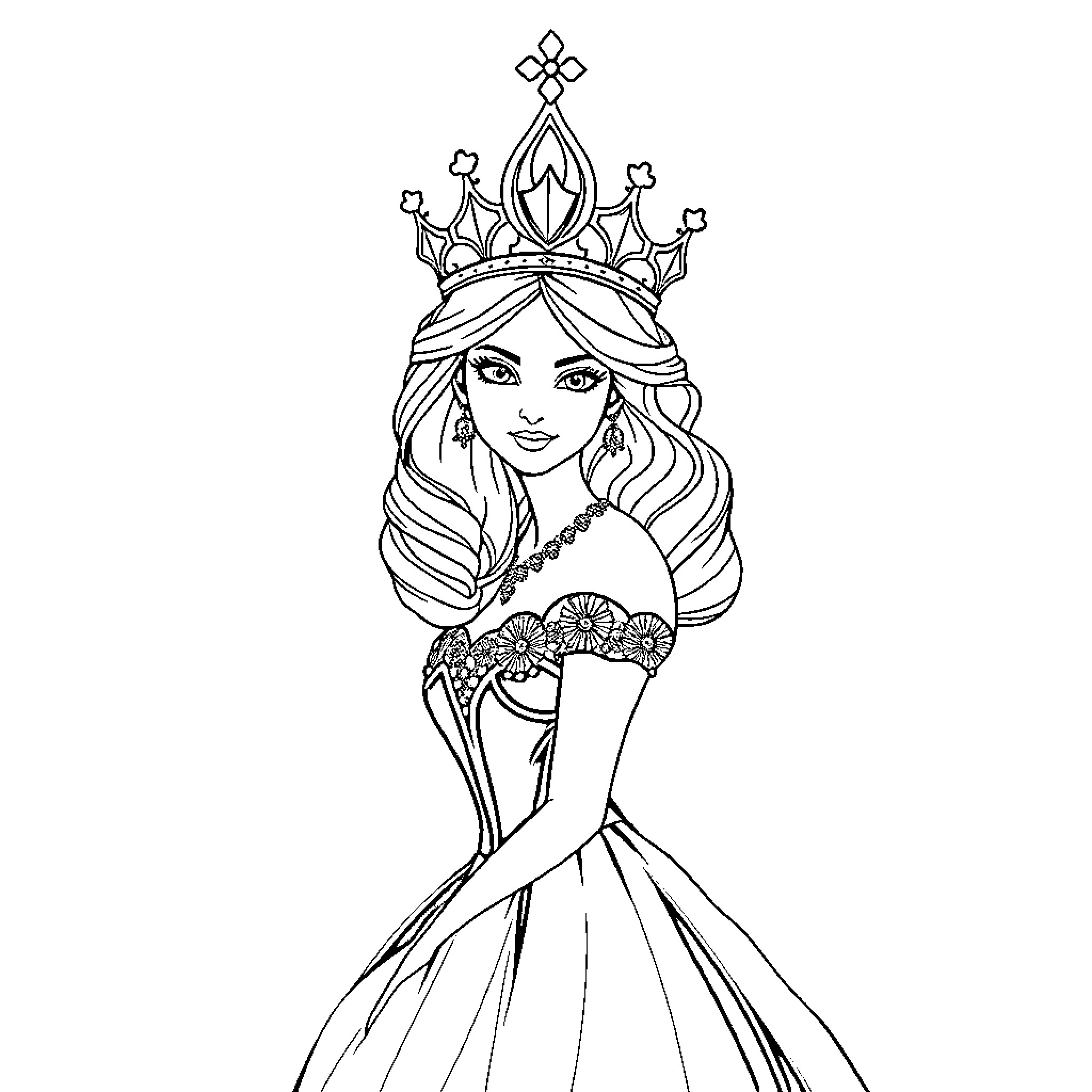 Queen in Regal Attire and Headdress Coloring Page (free black-and-white line drawing printable PDF for all, from beginners to advanced learners, including children, teens, adults, and seniors)