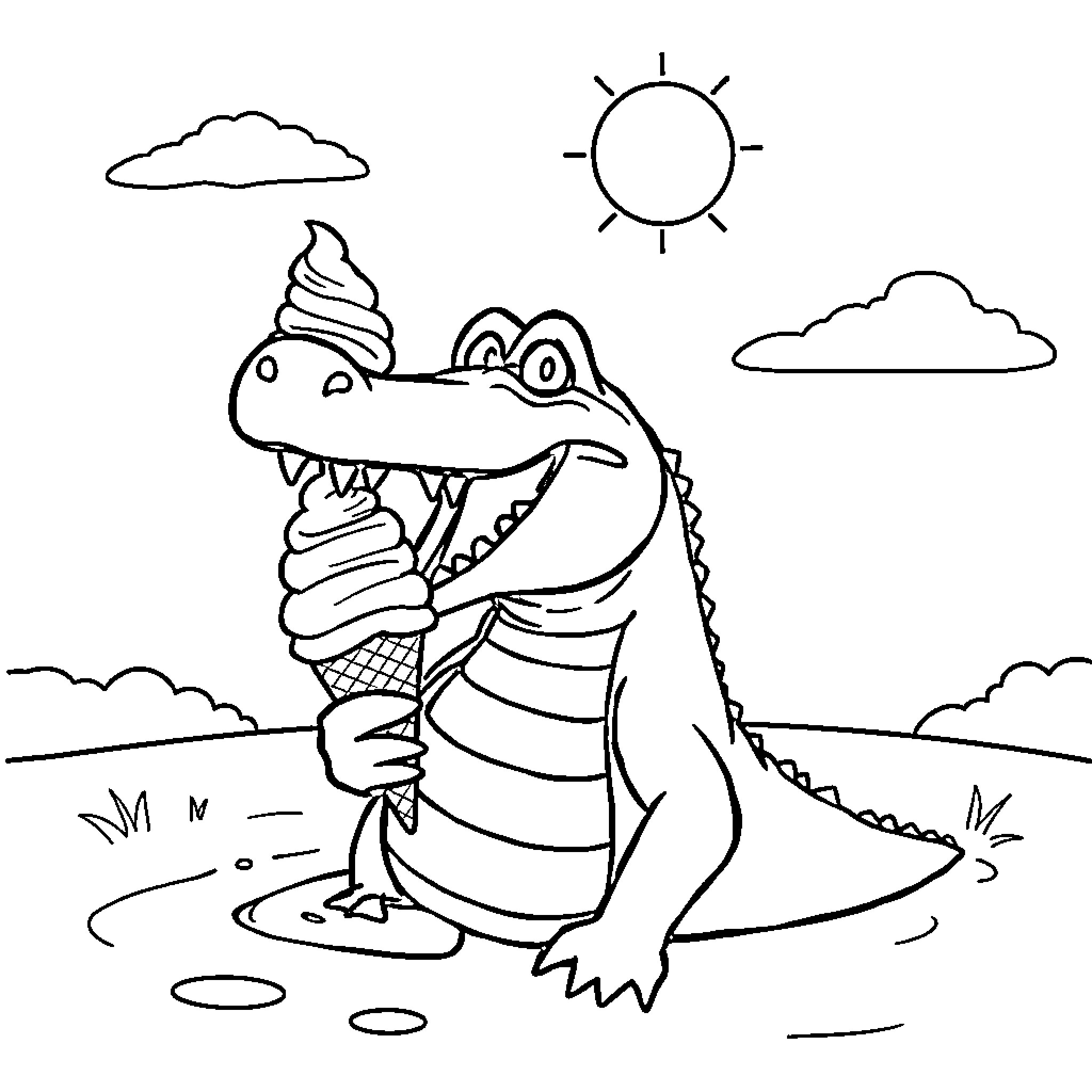 Crocodile enjoying a tasty ice cream cone Coloring Page (free black-and-white line drawing printable PDF for all, from beginners to advanced learners, including children, teens, adults, and seniors)