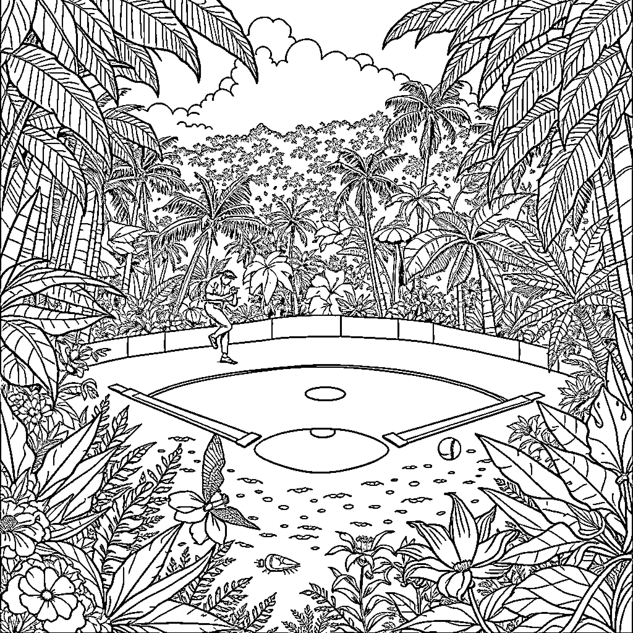 Baseball Game in Tropical Paradise Coloring Page (free black-and-white line drawing printable PDF for all, from beginners to advanced learners, including children, teens, adults, and seniors)