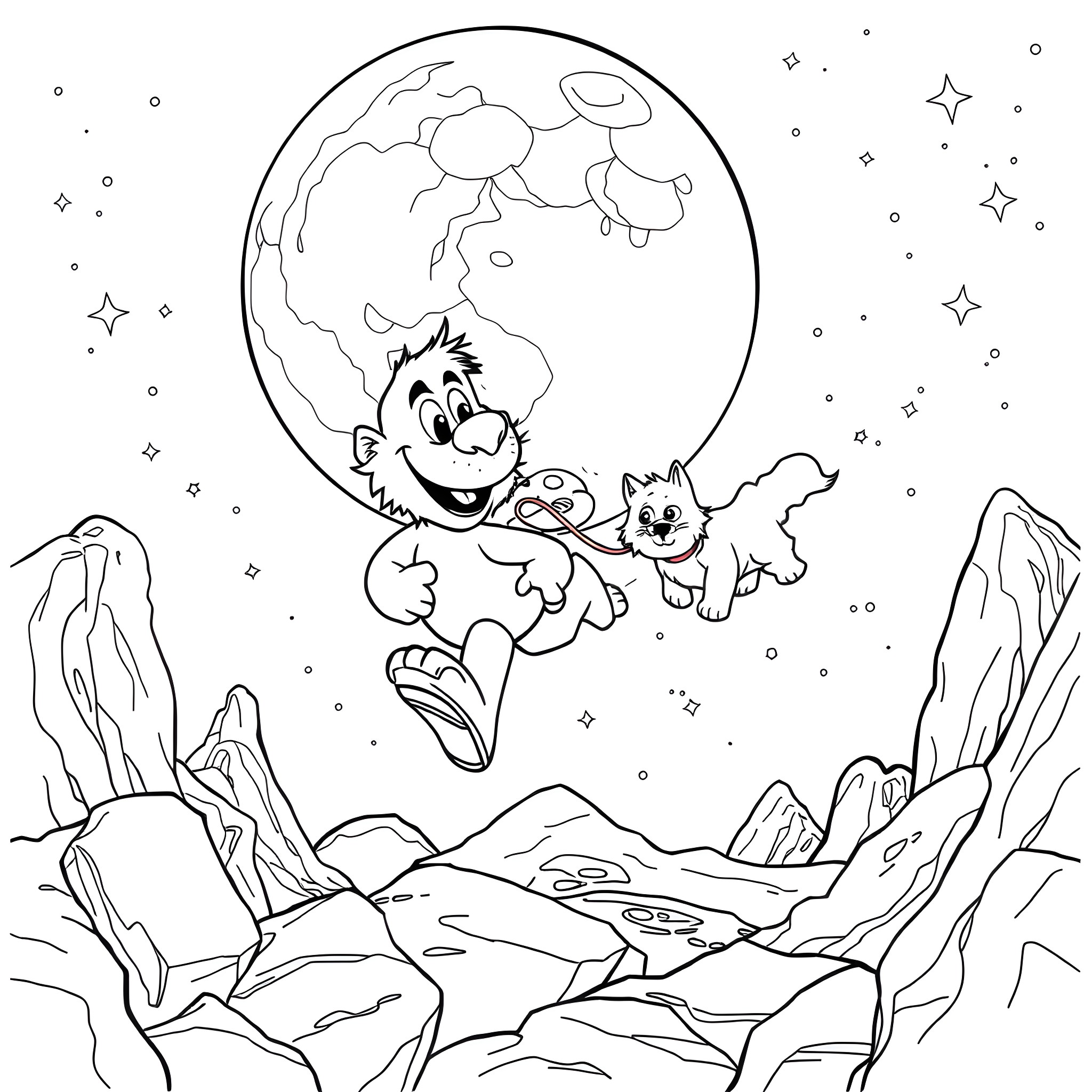 Alf playing happily with pets in the cosmos Coloring Page (free black-and-white line drawing printable PDF for all, from beginners to advanced learners, including children, teens, adults, and seniors)