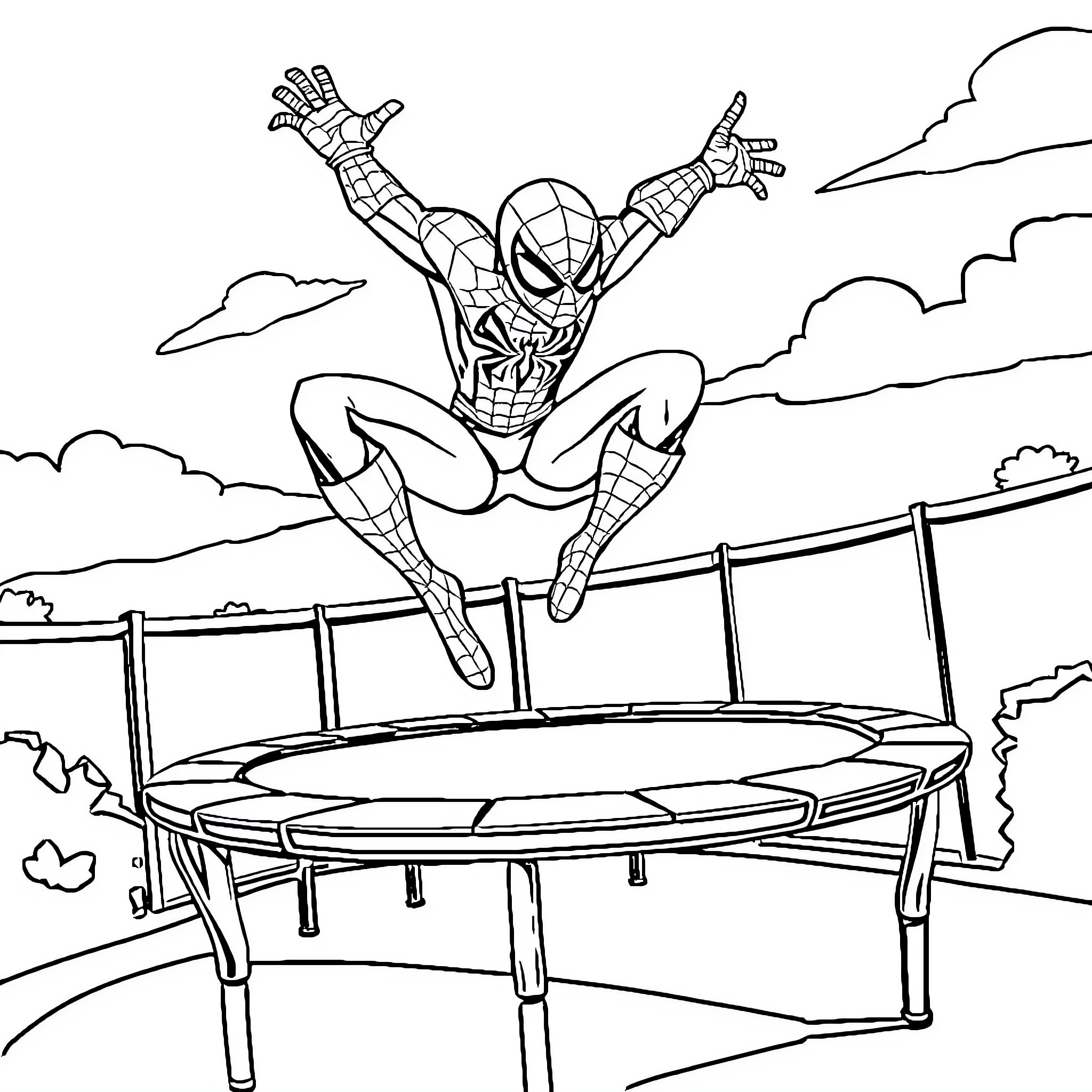 Spiderman leaping heroically over a trampoline Coloring Page (free black-and-white line drawing printable PDF for all, from beginners to advanced learners, including children, teens, adults, and seniors)