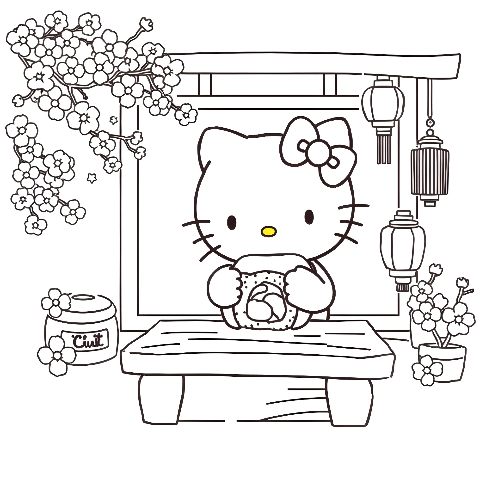 Hello Kitty enjoying a traditional Japanese tea ceremony Coloring Page (free black-and-white line drawing printable PDF for all, from beginners to advanced learners, including children, teens, adults, and seniors)