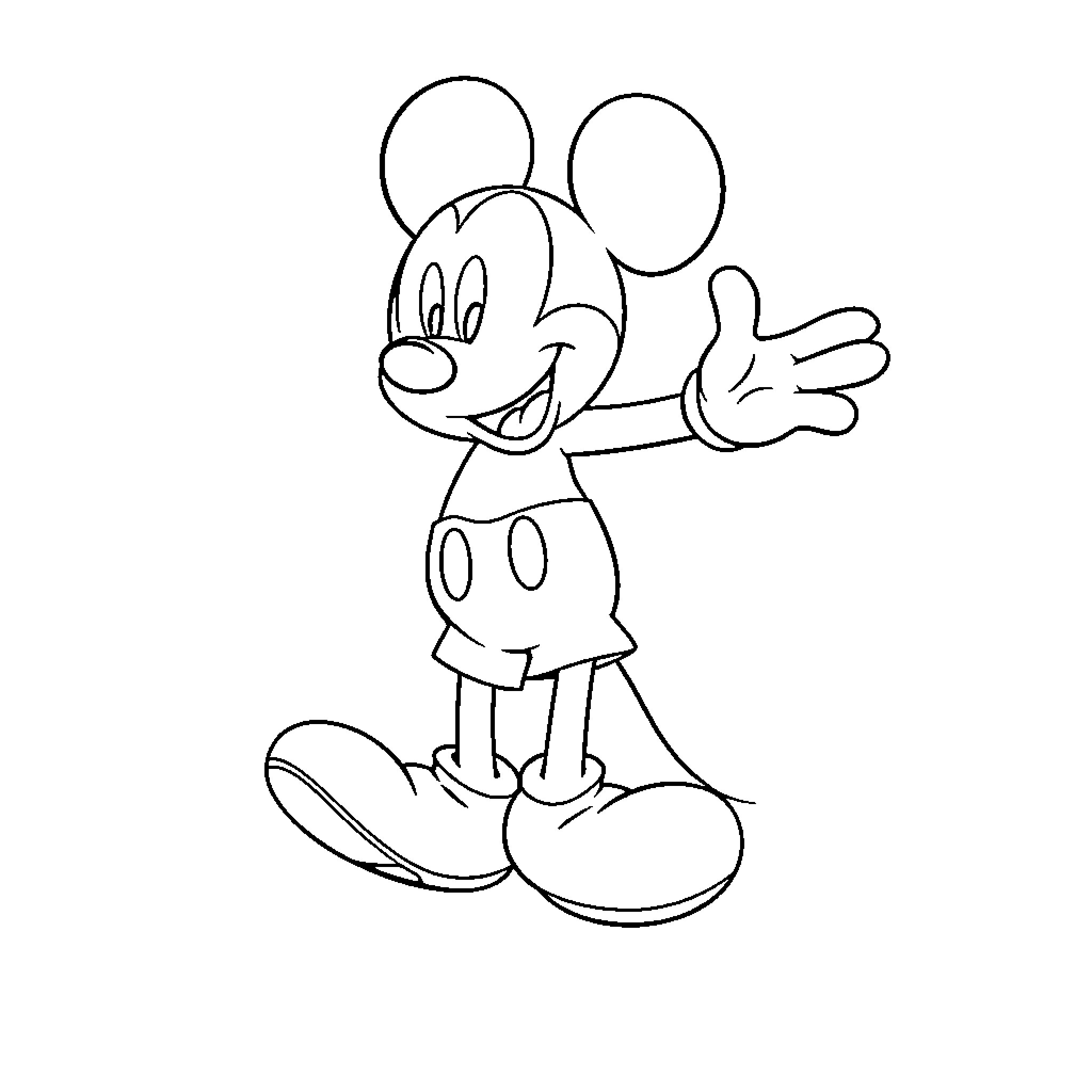 Mickey Mouse waving and smiling happily Coloring Page (free black-and-white line drawing printable PDF for all, from beginners to advanced learners, including children, teens, adults, and seniors)