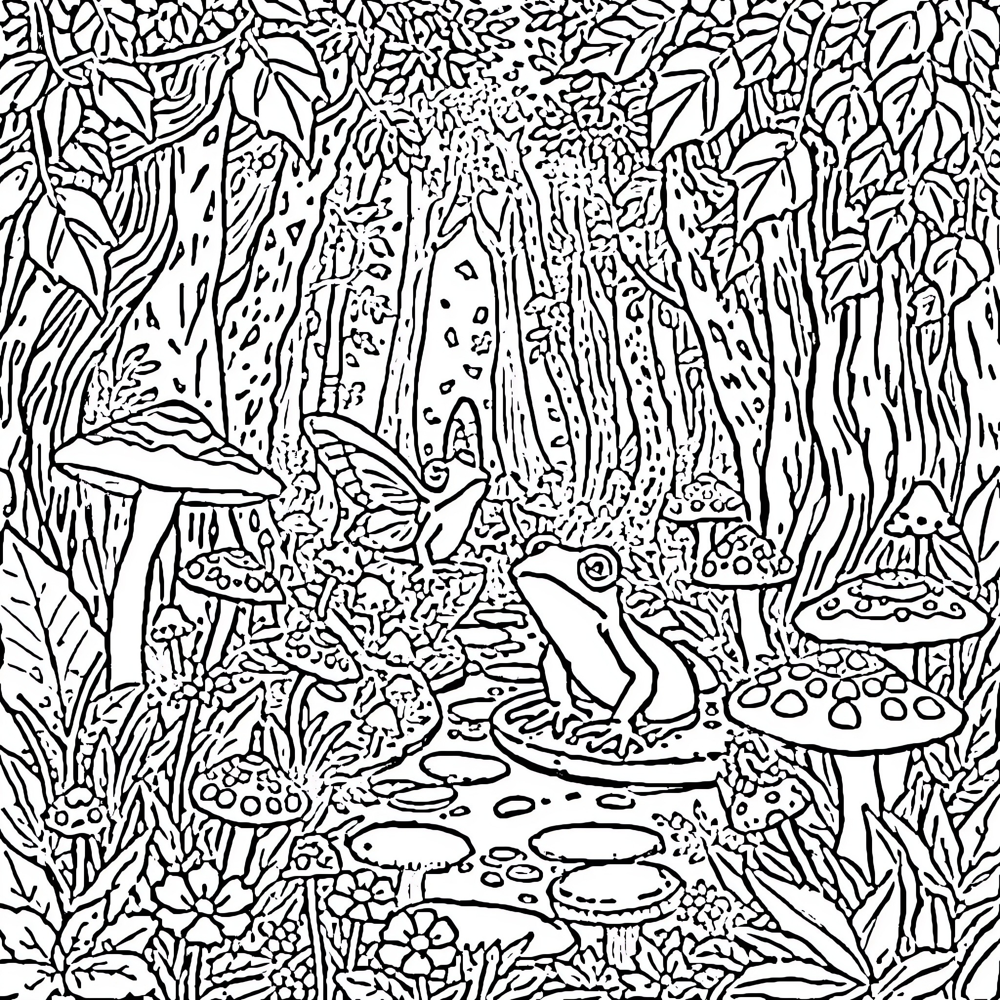 Frog resting in a mystical forest scene Coloring Page (free black-and-white line drawing printable PDF for all, from beginners to advanced learners, including children, teens, adults, and seniors)