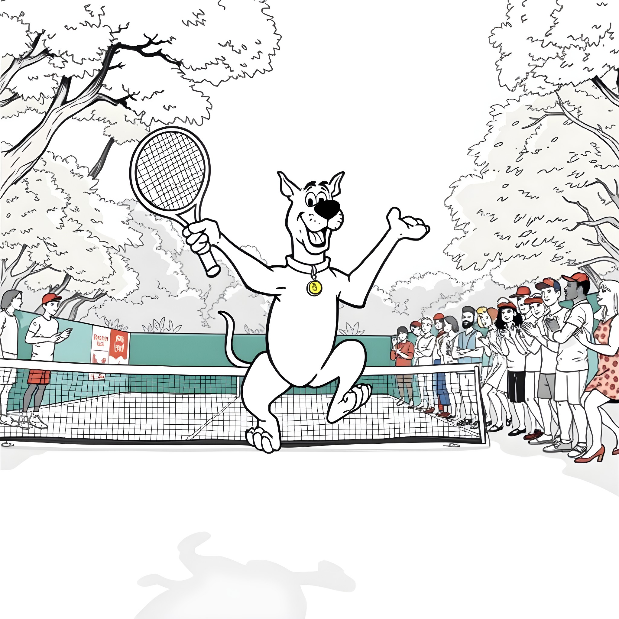 Scooby Doo playing tennis with a crowd of spectators Coloring Page (free black-and-white line drawing printable PDF for all, from beginners to advanced learners, including children, teens, adults, and seniors)