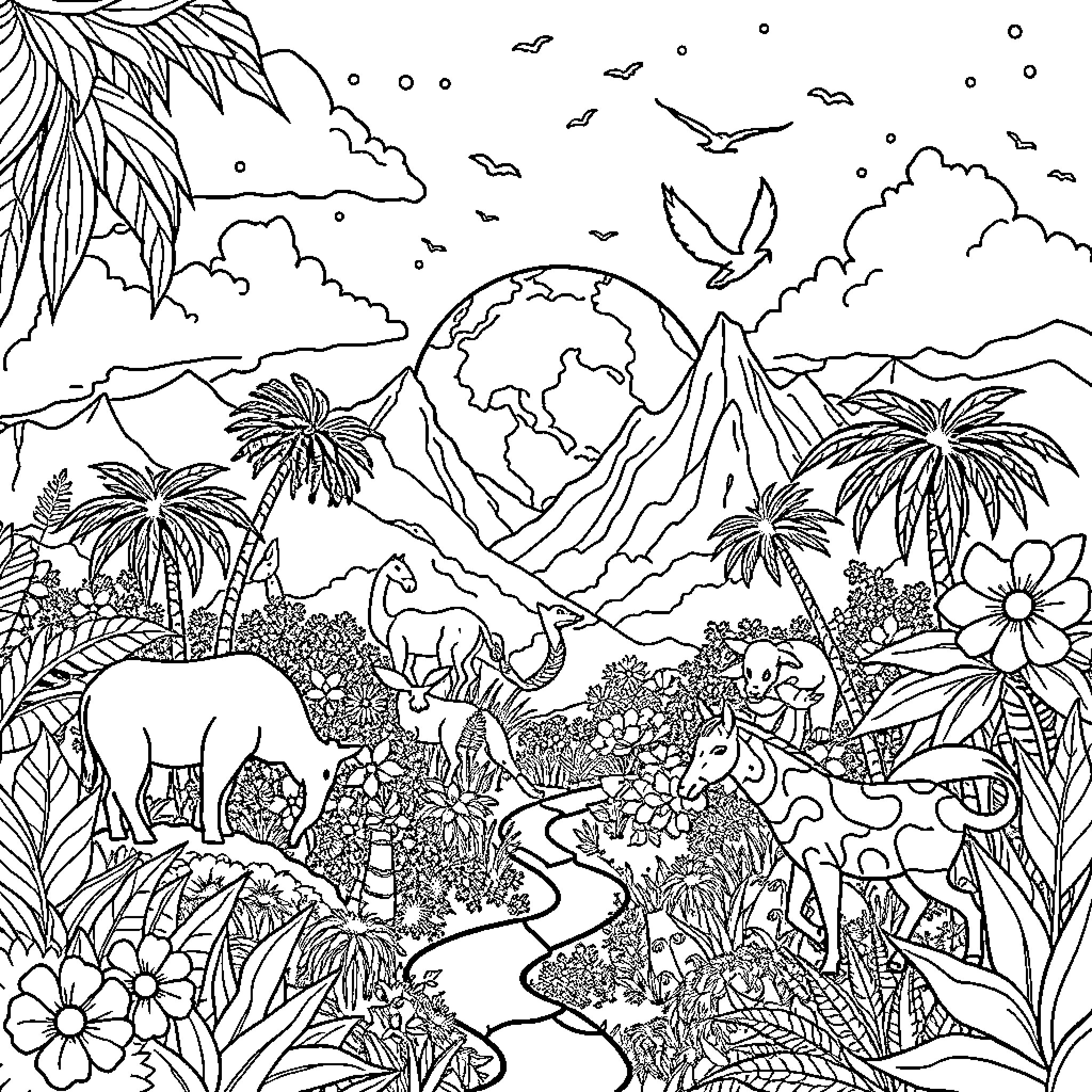 Paradise of Wildlife in the Lush Landscape Coloring Page (free black-and-white line drawing printable PDF for all, from beginners to advanced learners, including children, teens, adults, and seniors)