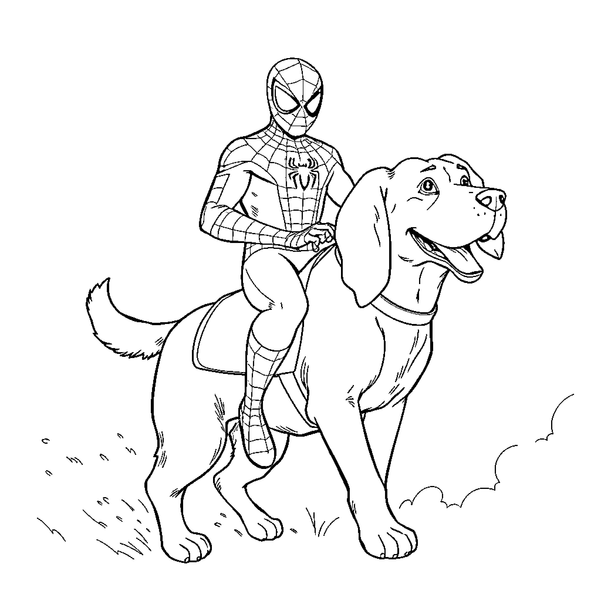 Spiderman and his loyal canine companion Coloring Page (free black-and-white line drawing printable PDF for all, from beginners to advanced learners, including children, teens, adults, and seniors)