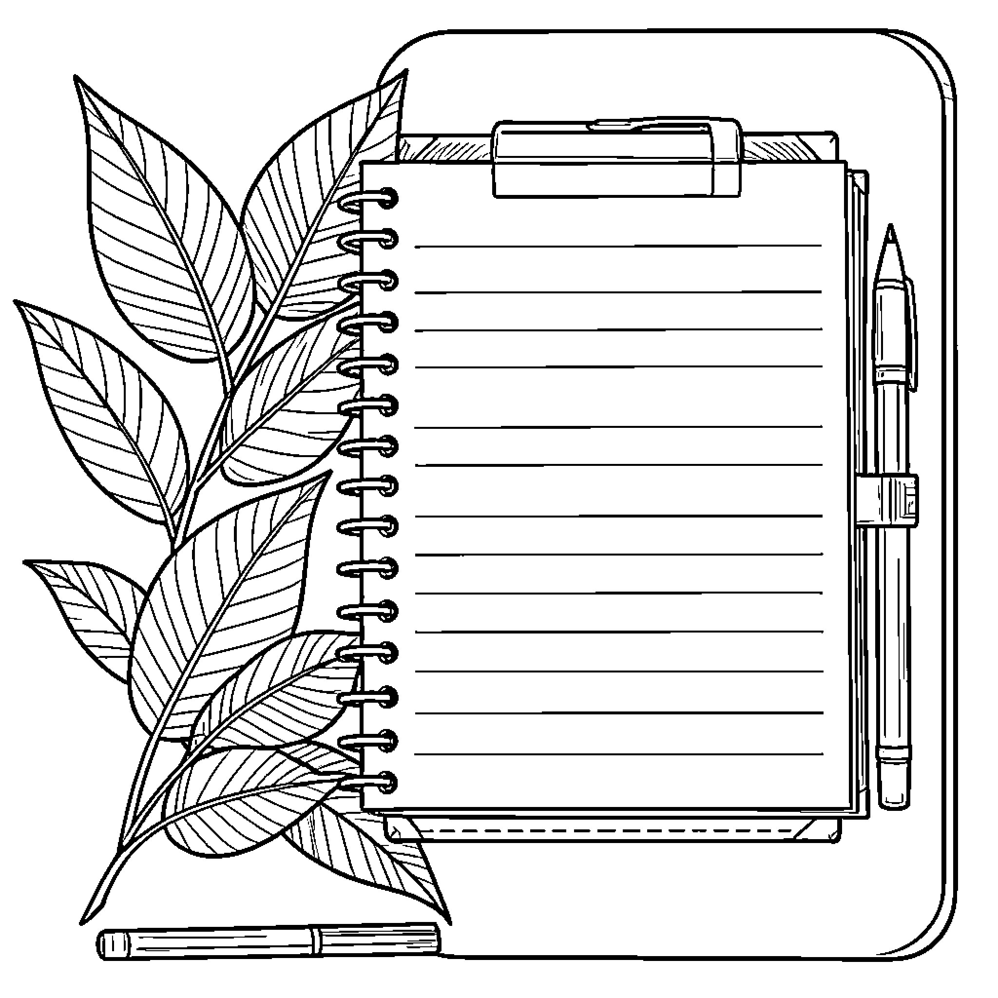 Hojas decorando a notepad with a pen Coloring Page (free black-and-white line drawing printable PDF for all, from beginners to advanced learners, including children, teens, adults, and seniors)