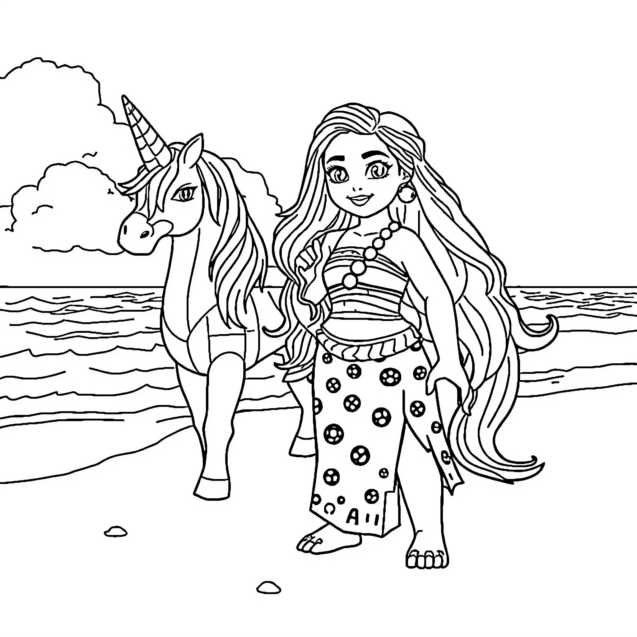 Moana and her magical unicorn on the beach Coloring Page (free black-and-white line drawing printable PDF for all, from beginners to advanced learners, including children, teens, adults, and seniors)